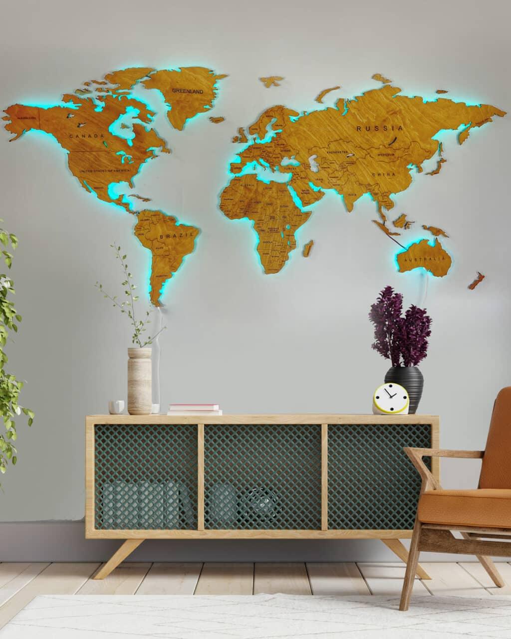 LED illuminated wooden world map classic - PRHOMZ