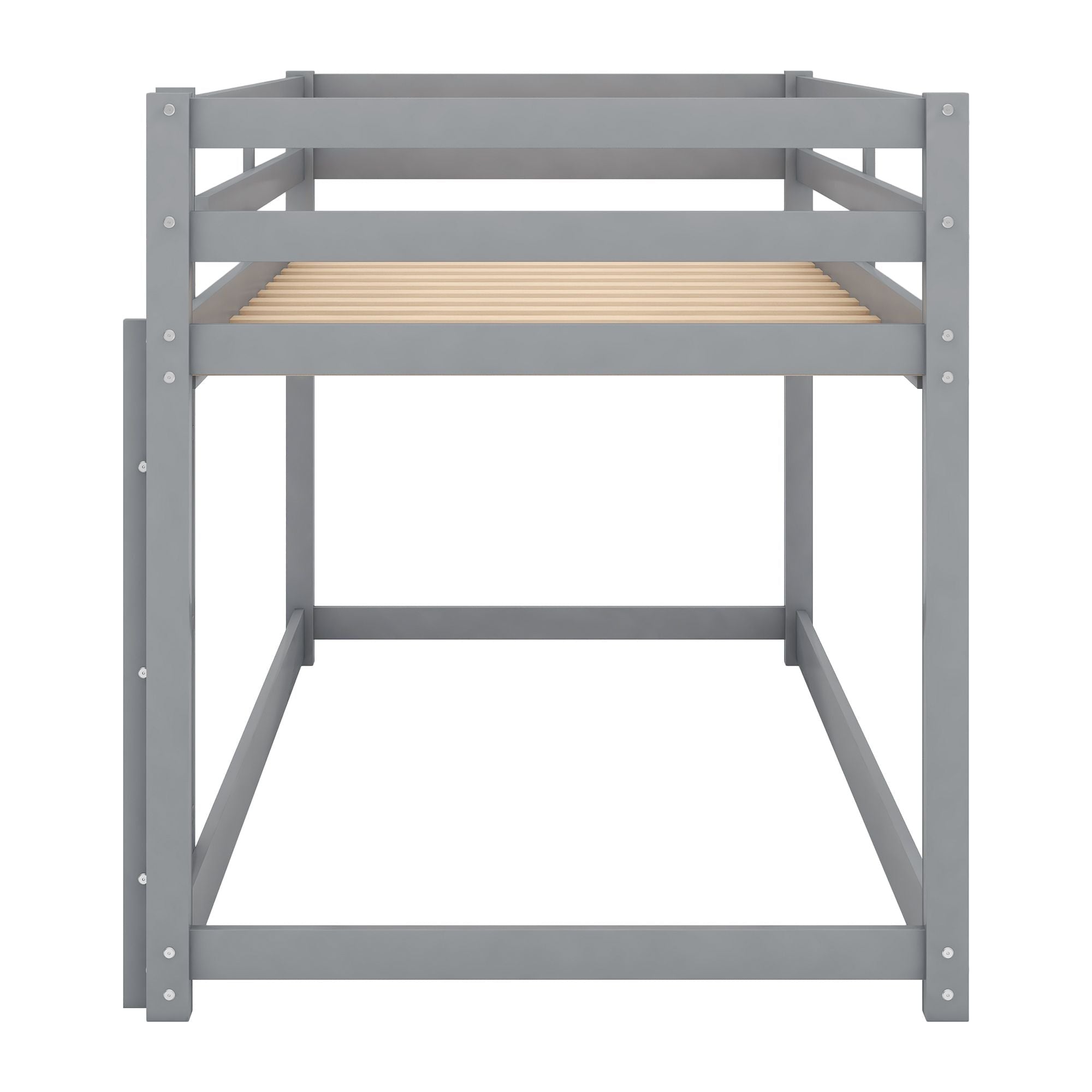 Low Profile Twin Over Twin Wood Floor Bunk Bed with Ladder in Gray for Kids Shared Rooms | Just Better Bunk Beds