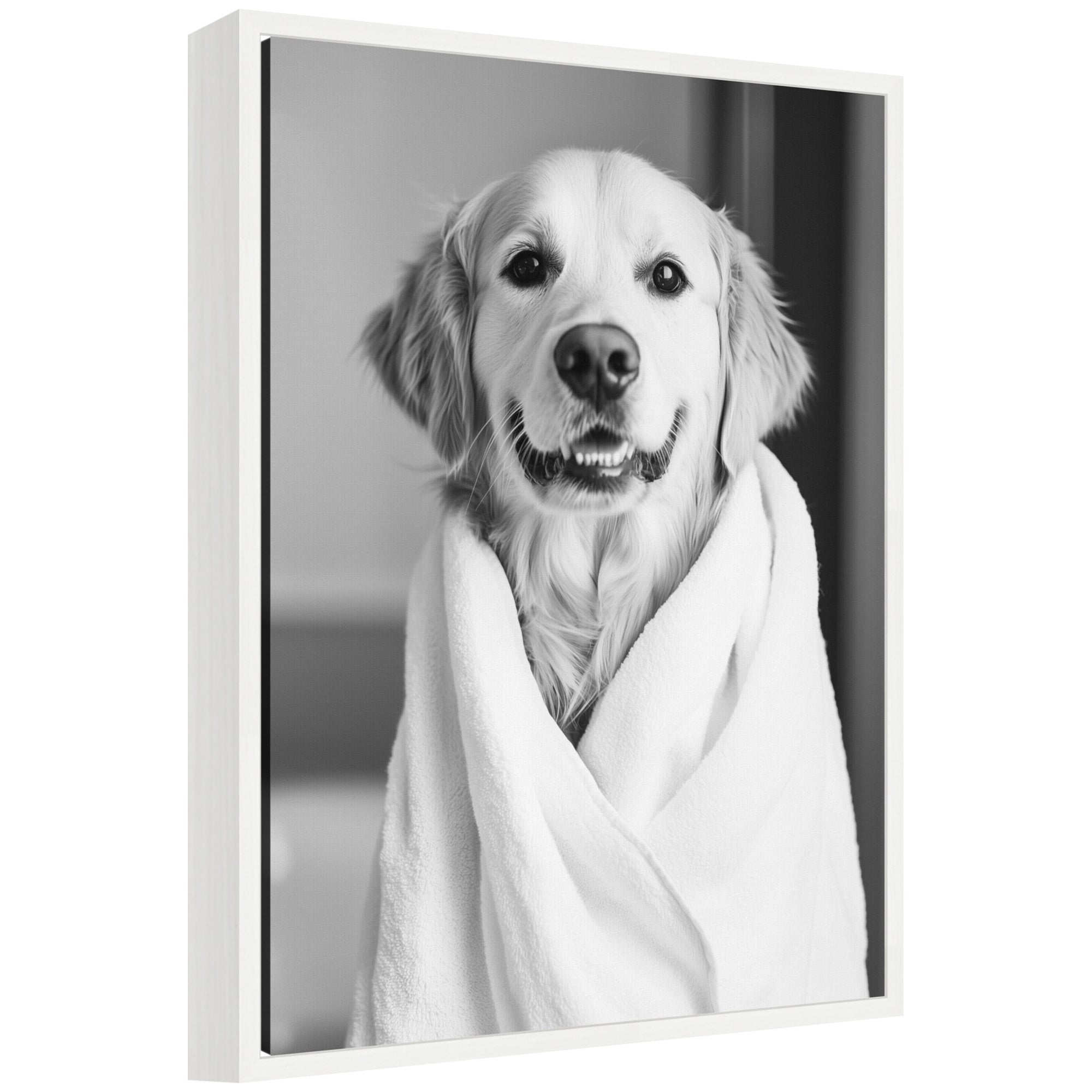 Sylvie Golden Retriever Bathroom Towel Robe Black and White Framed Canvas by The Creative Bunch Studio