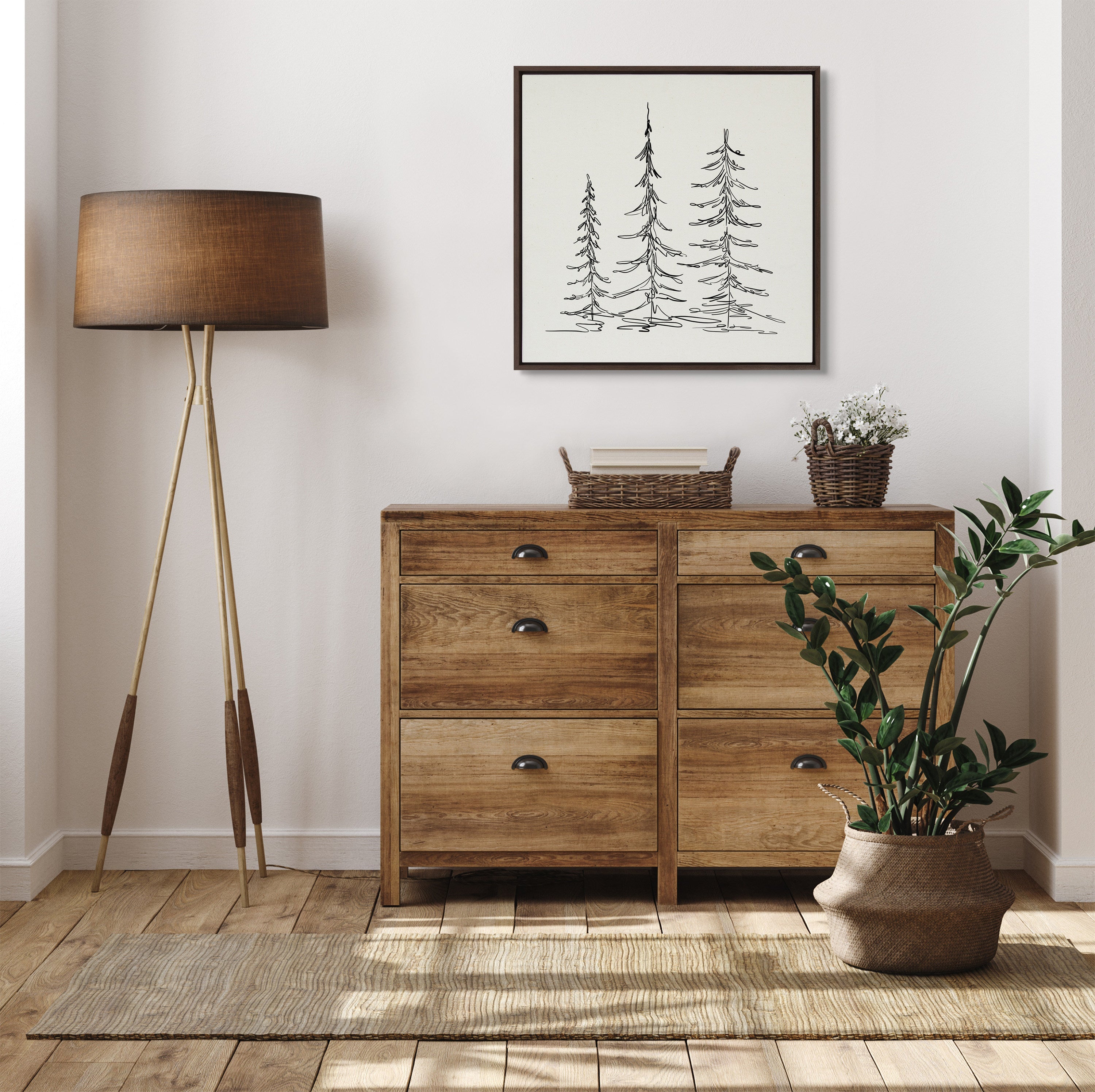 Sylvie Minimalist Evergreen Trees Sketch Framed Canvas by The Creative Bunch Studio