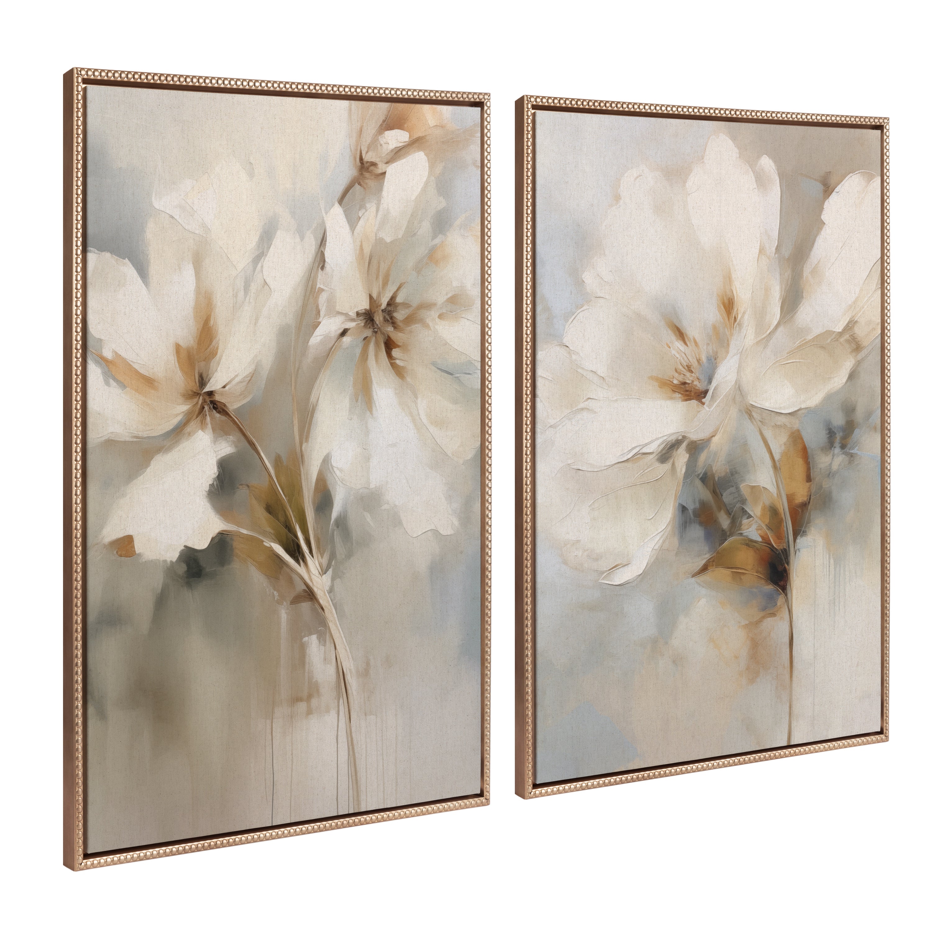 Sylvie Beaded Abstract Botanical Floral Linen Painting 1 and 2 Framed Canvas Art Set by The Creative Bunch Studio