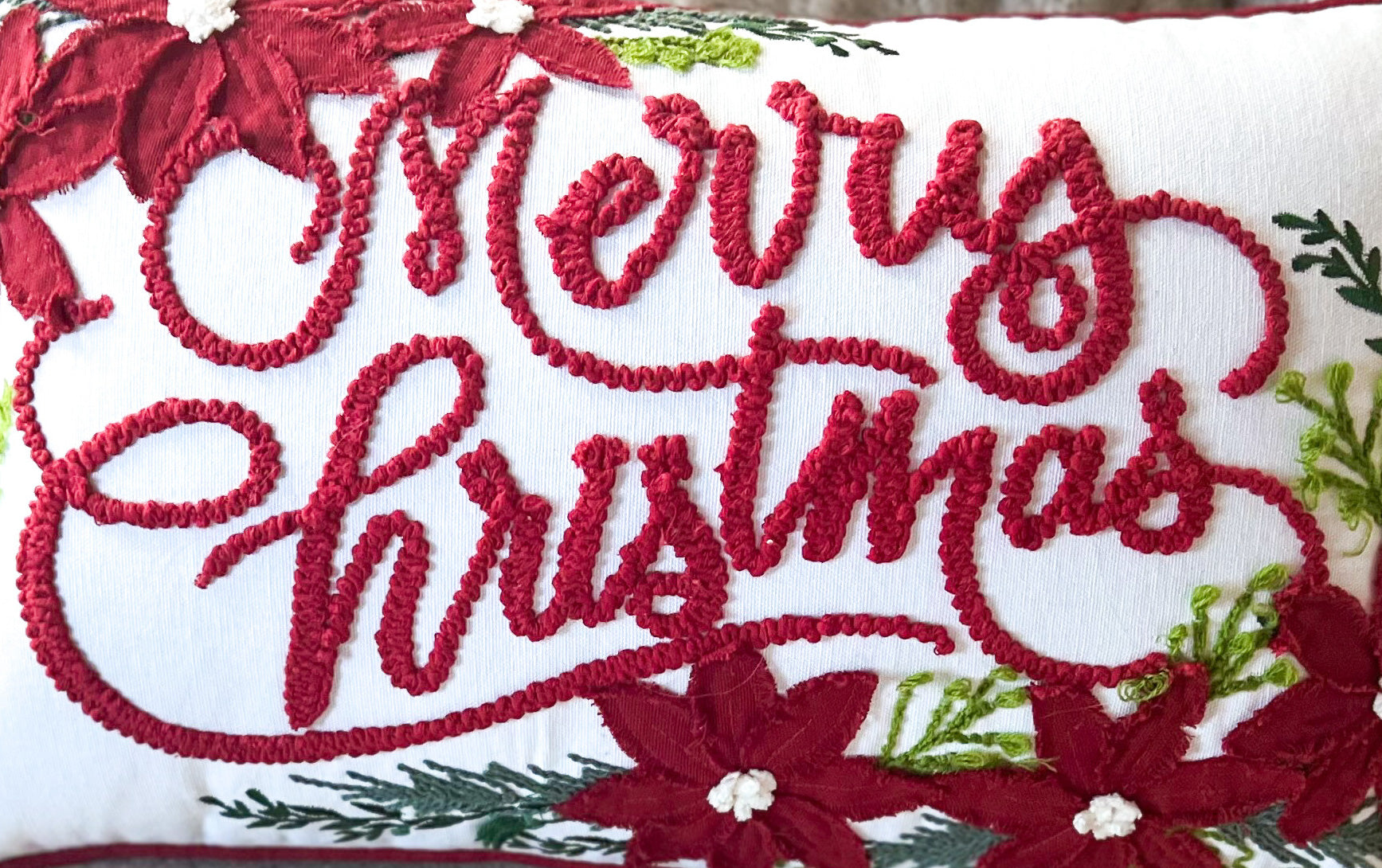 Merry Christmas Vintage Poinsettia Throw Pillow