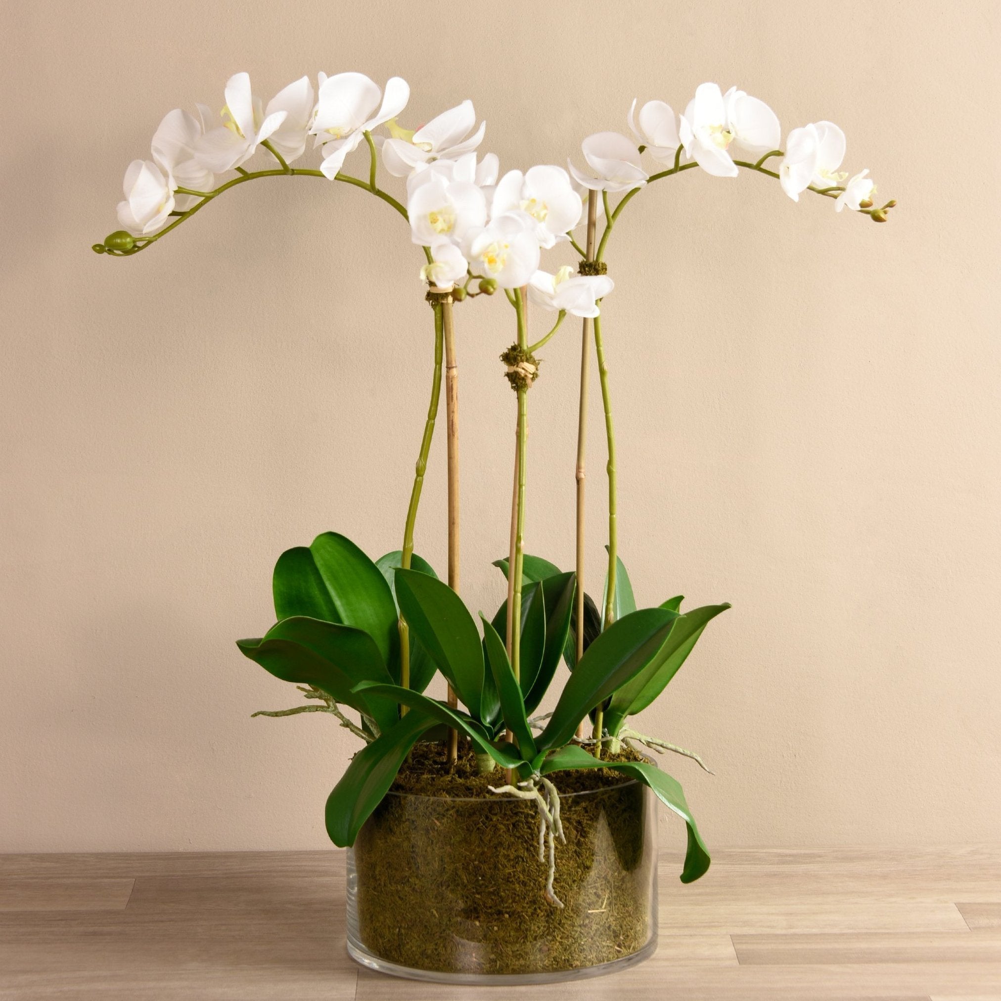 Large faux white orchid arrangement in glass vase-1