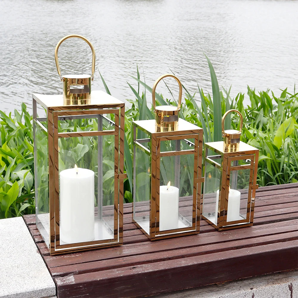 Set of 3 Stainless Steel Lantern (12/15/19'') -Gold
