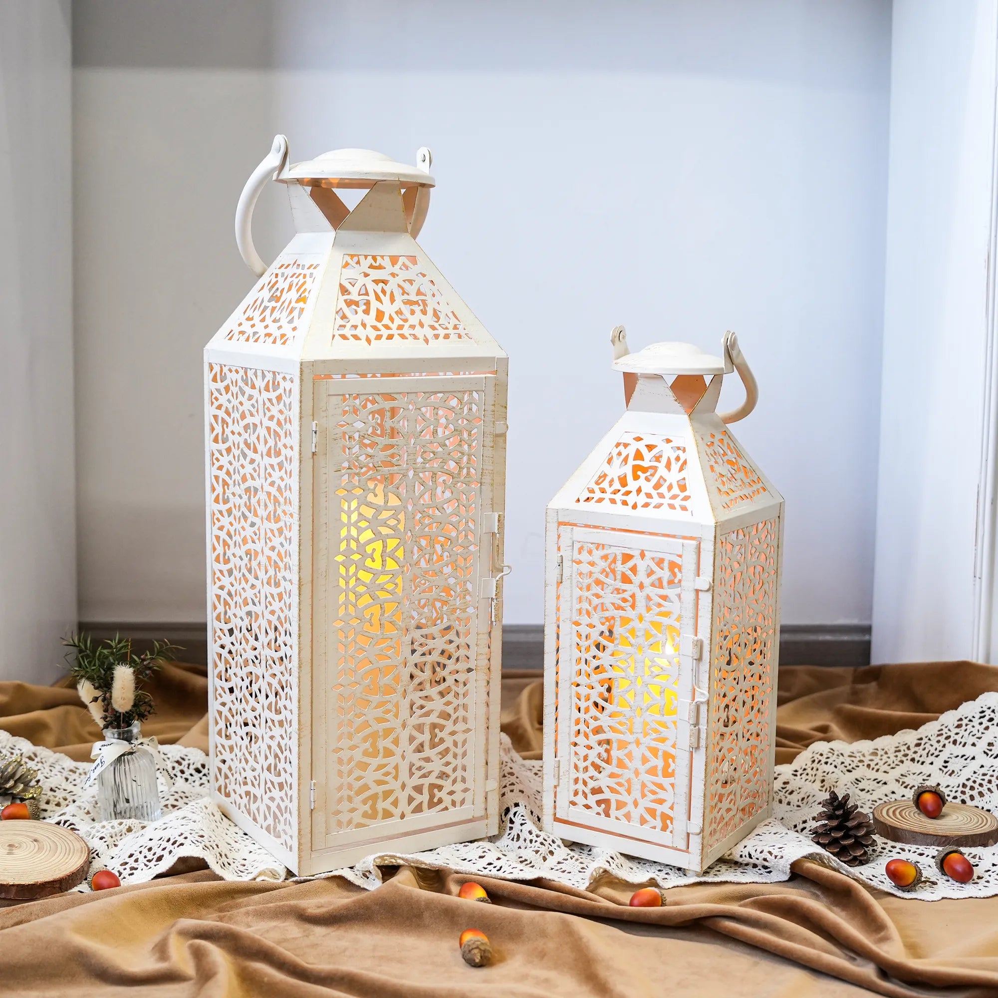 19"&14''H Moroccan Decorative Metal Candle Holders with Hollow Pattern-4