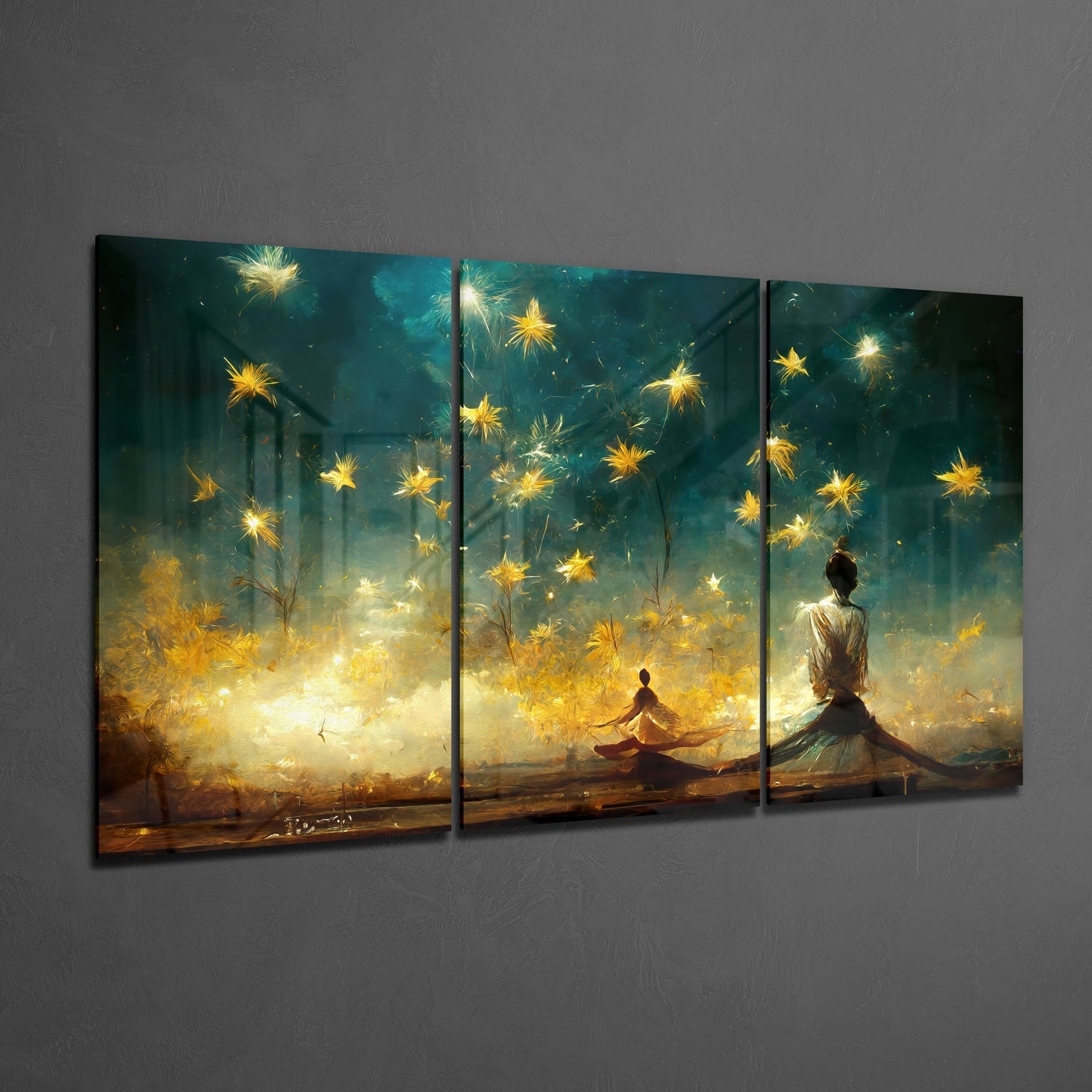 Golden Stars Over Teal Sky Meditation Glass Wall Art