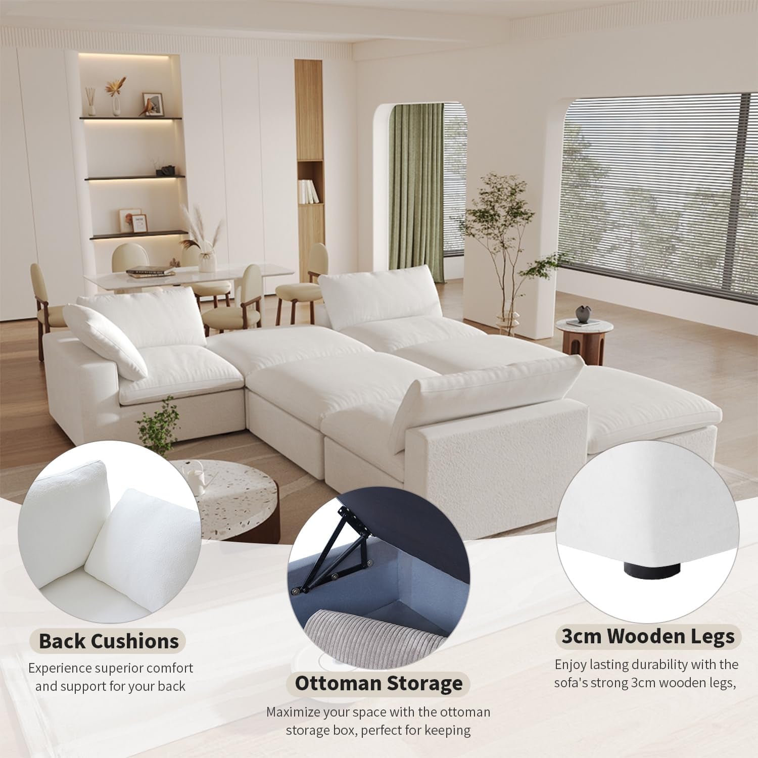 Modular Sectional Sofa with Storage Ottoman and Washable Covers