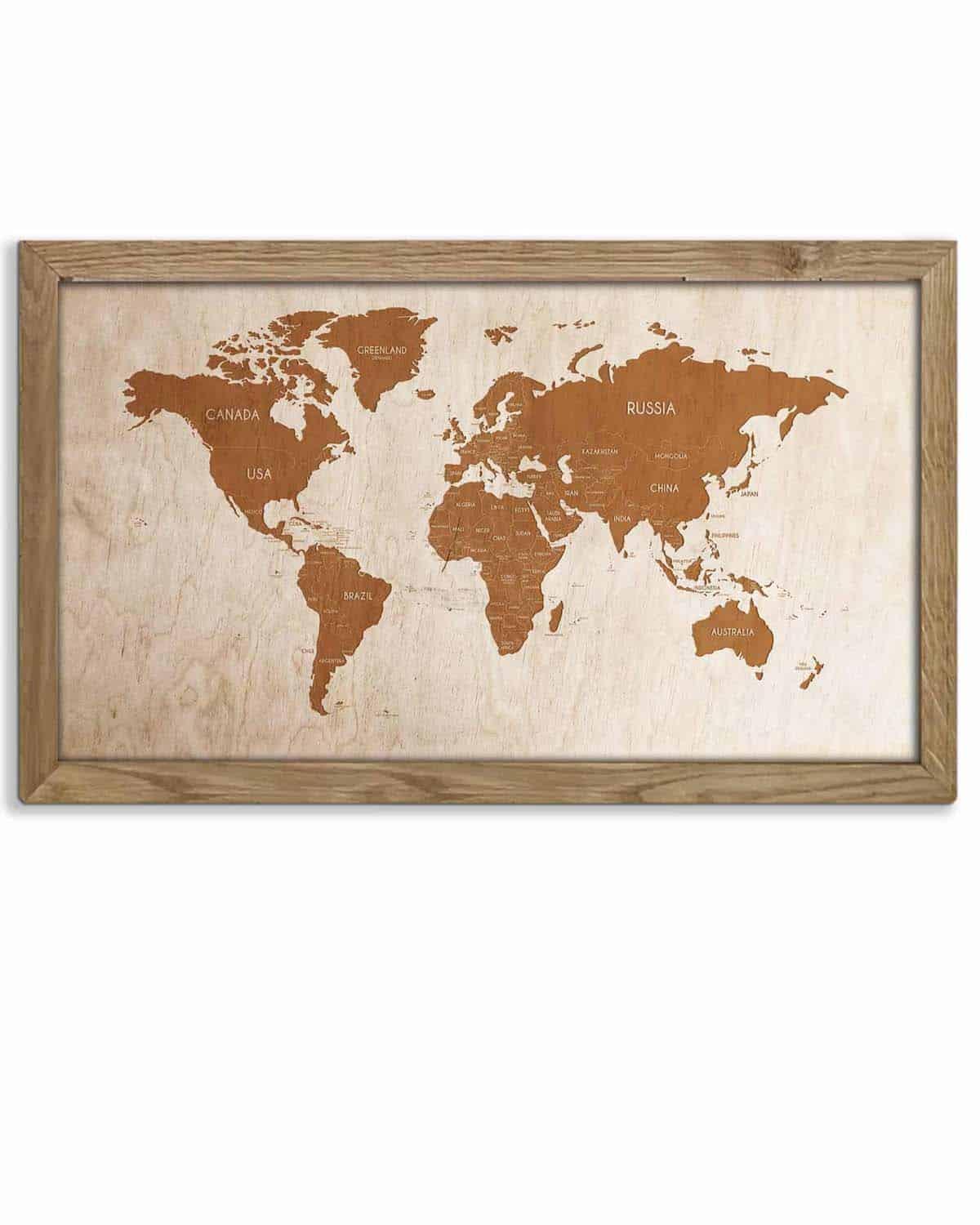 Wooden World Map in an oak frame - PRHOMZ