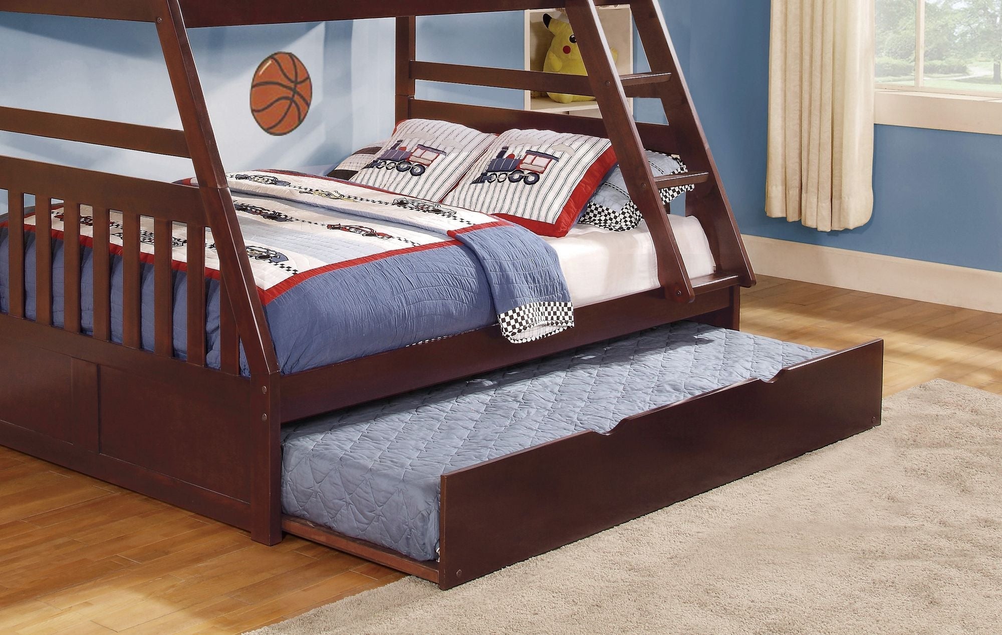 Multi-Sleeper Twin Over Full Wood Bunk Bed with Twin Trundle and Dark Cherry Finish | Just Better Bunk Beds