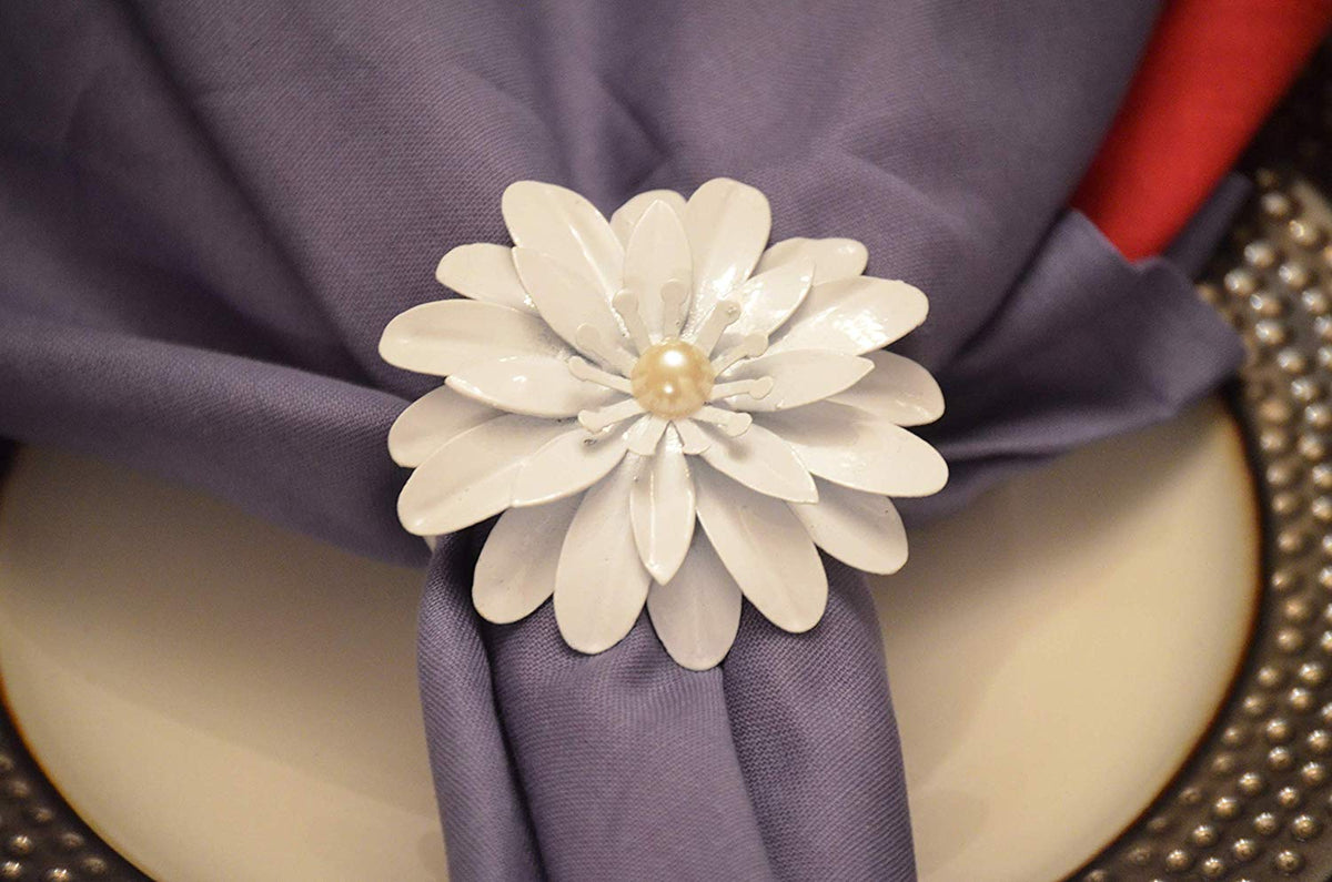 Vibhsa White Floral Napkin Rings | Set of 4, Pearl Accents, Handmade