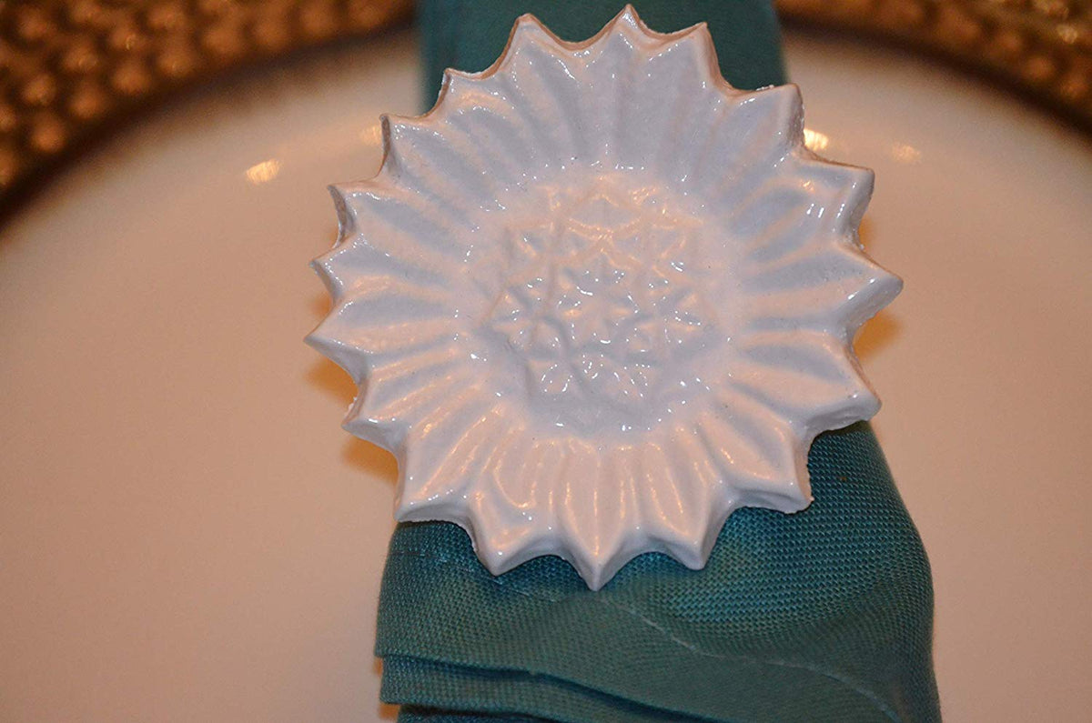 Vibhsa White Sunflower Napkin Rings | Set of 4, Handcrafted Aluminum