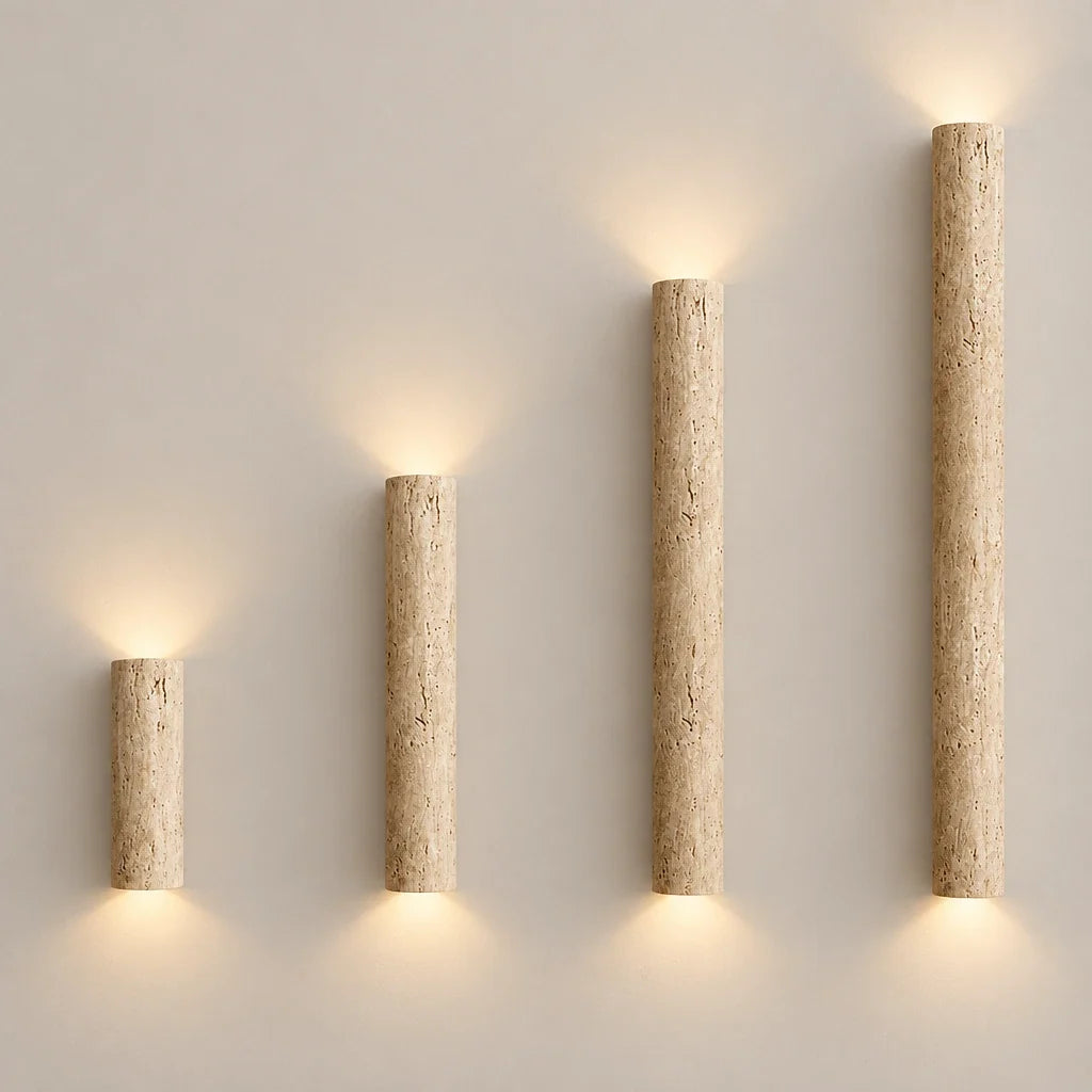 Natural Travertine Bar Wall Sconce with Integrated LED | Stone Light for Hallways