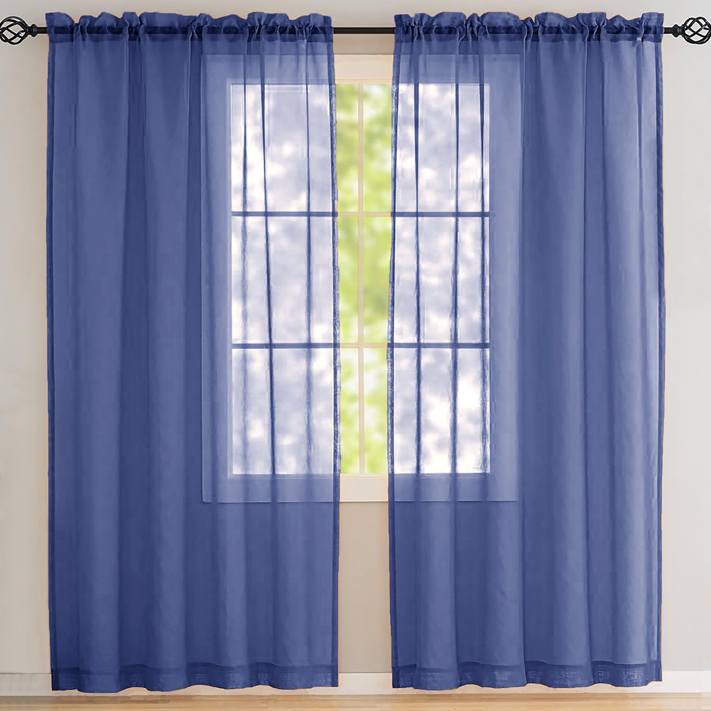 84" Inches Long - Navy Blue Sheer Window Rod Pocket Curtain Set (2 Panels)