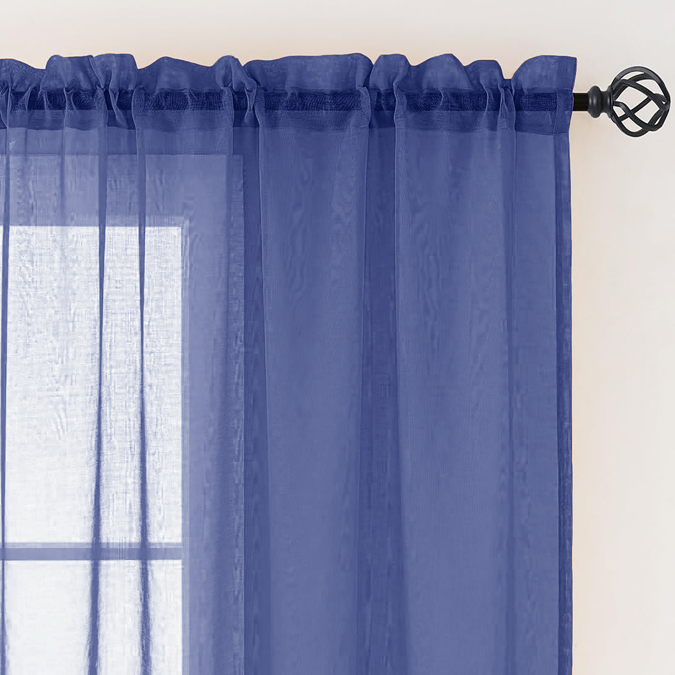 84" Inches Long - Navy Blue Sheer Window Rod Pocket Curtain Set (2 Panels)