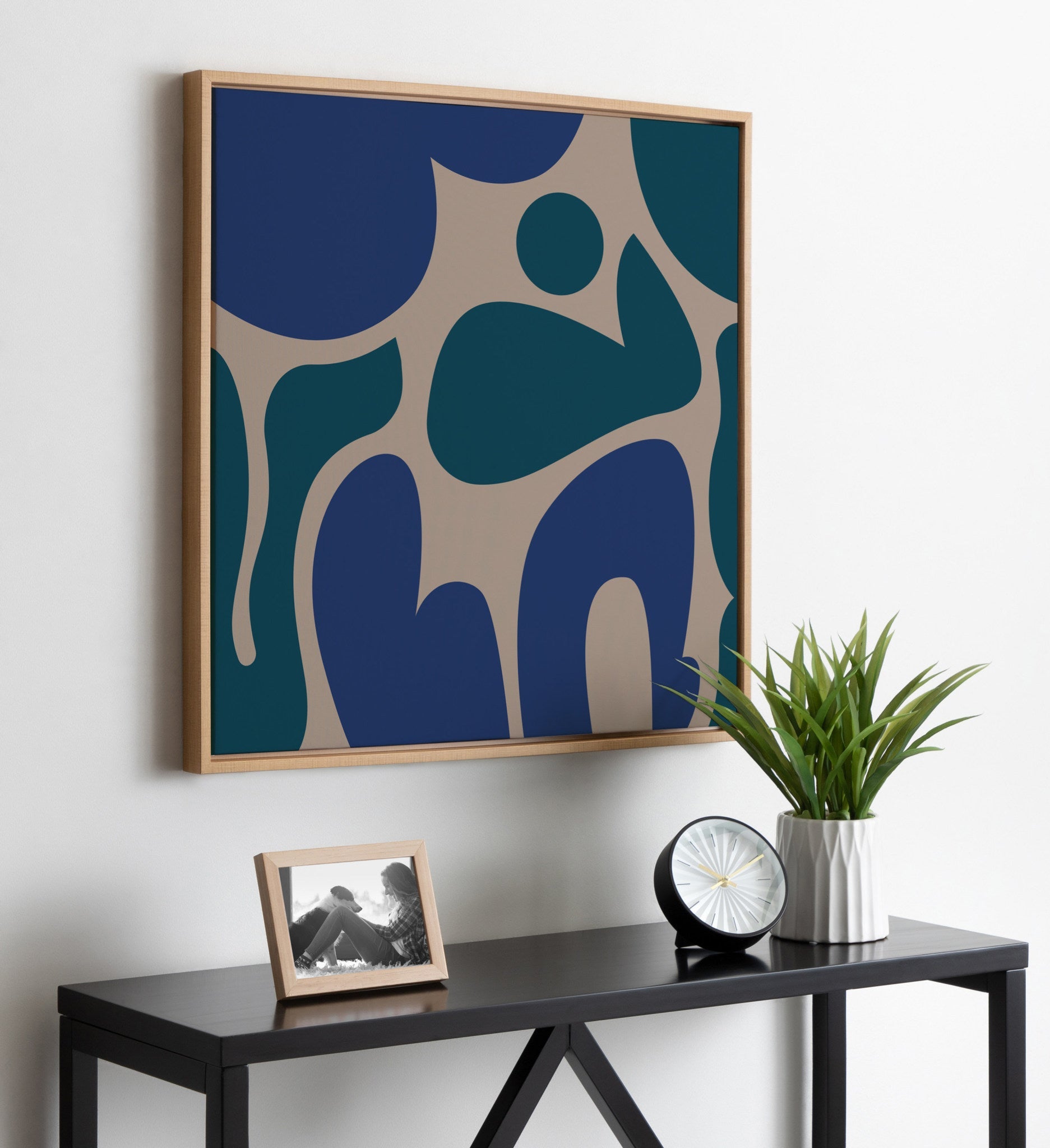 Sylvie Groovy Happy Abstract Blue and Green Framed Canvas by The Creative Bunch Studio