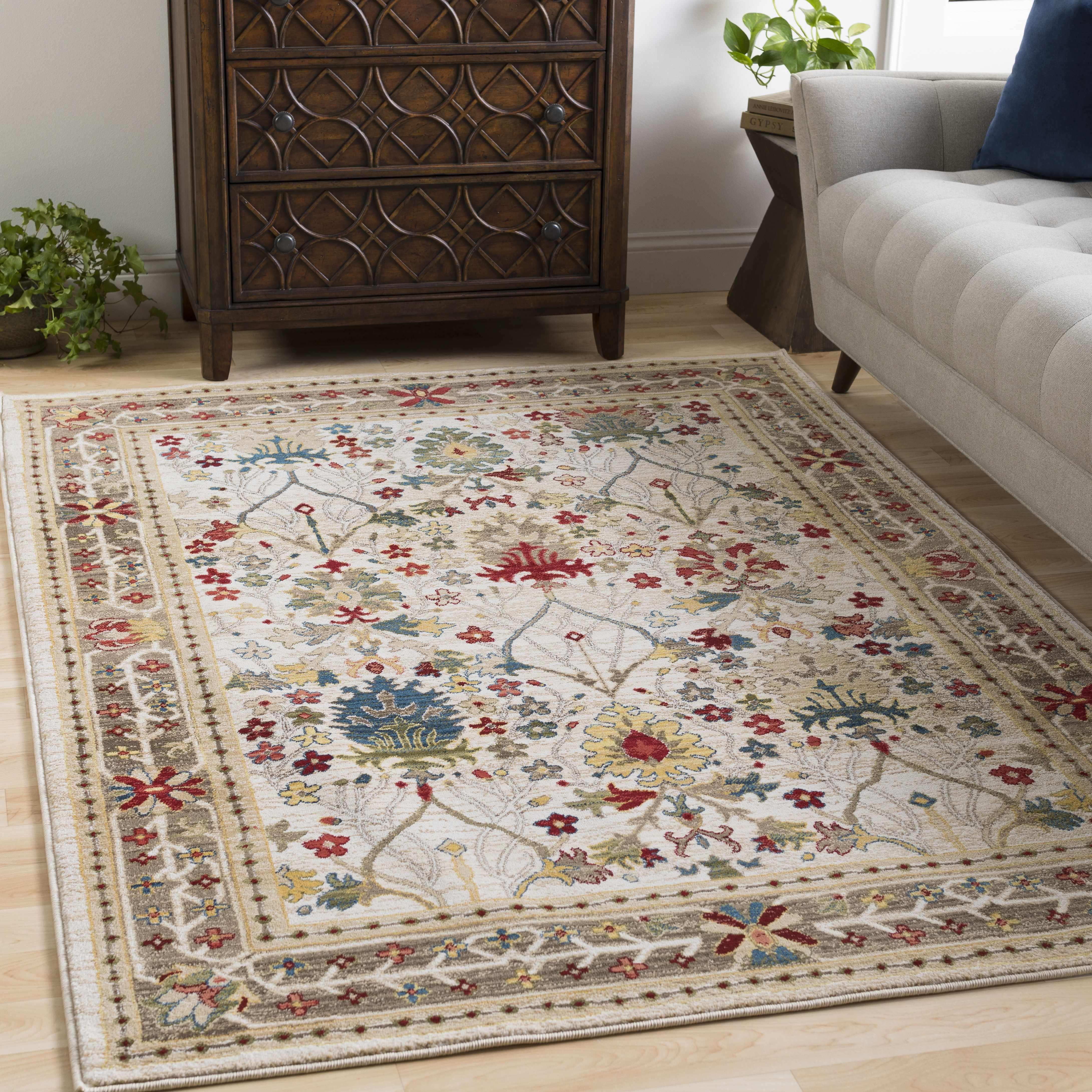 Neola White/Brown Damask Area Rug - PRHOMZ