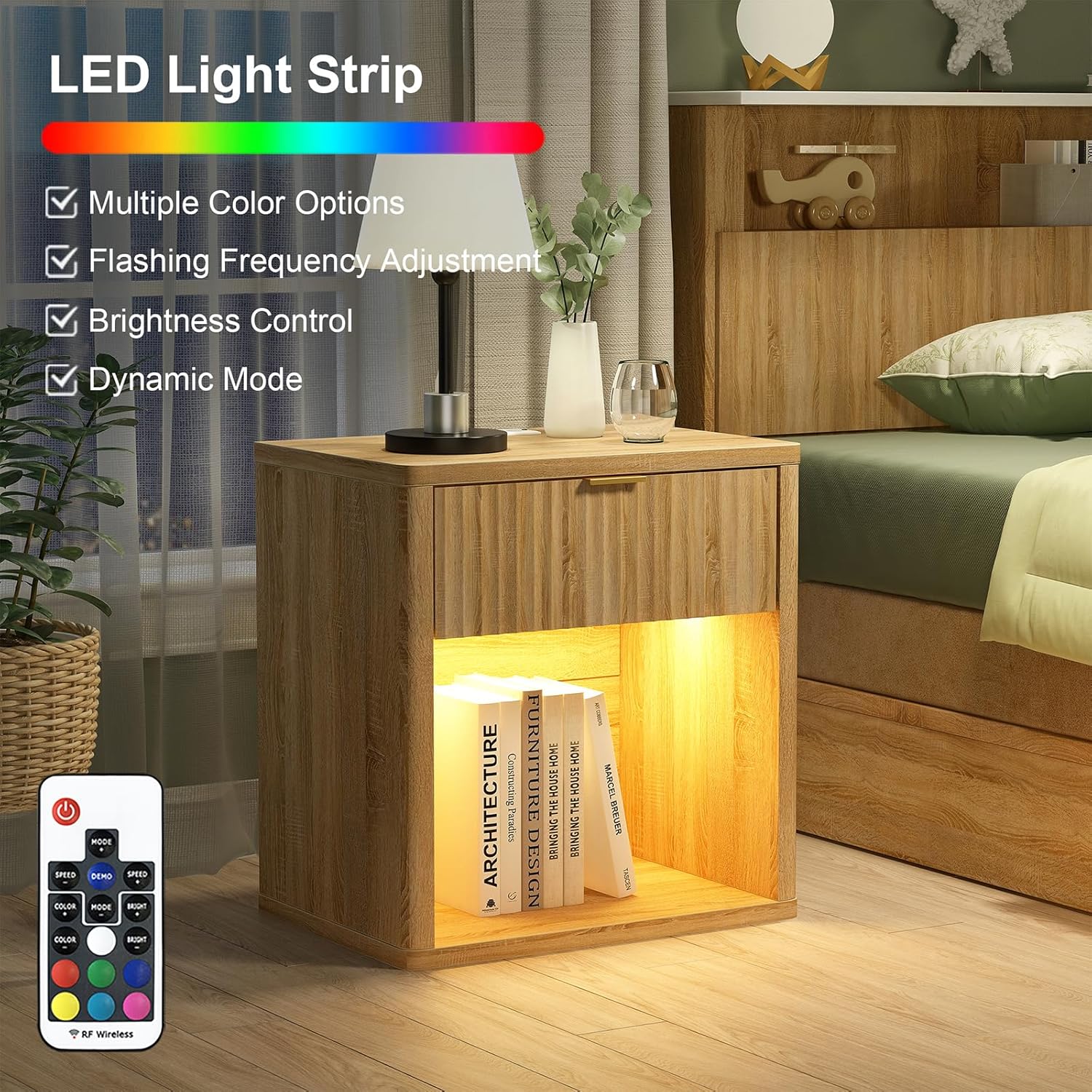 Fluted LED Nightstand with Charging Station, Drawer Side Tables, Oak -YANOSAKU