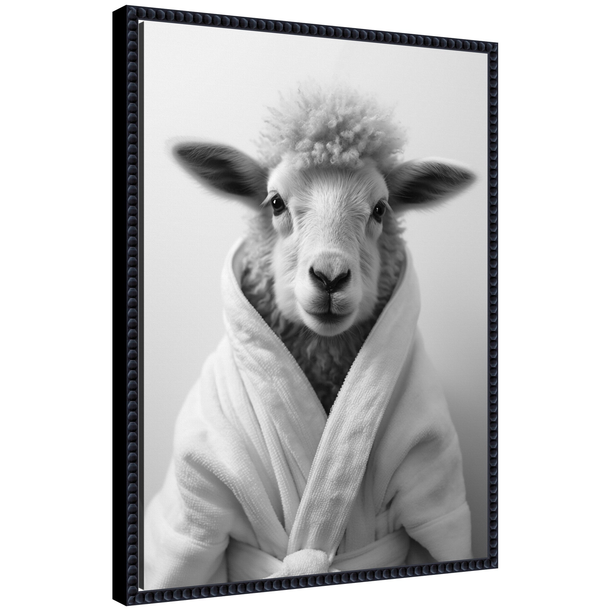 Sylvie Sheep Bathroom Art Towel Robe Black and White Framed Canvas by The Creative Bunch Studio