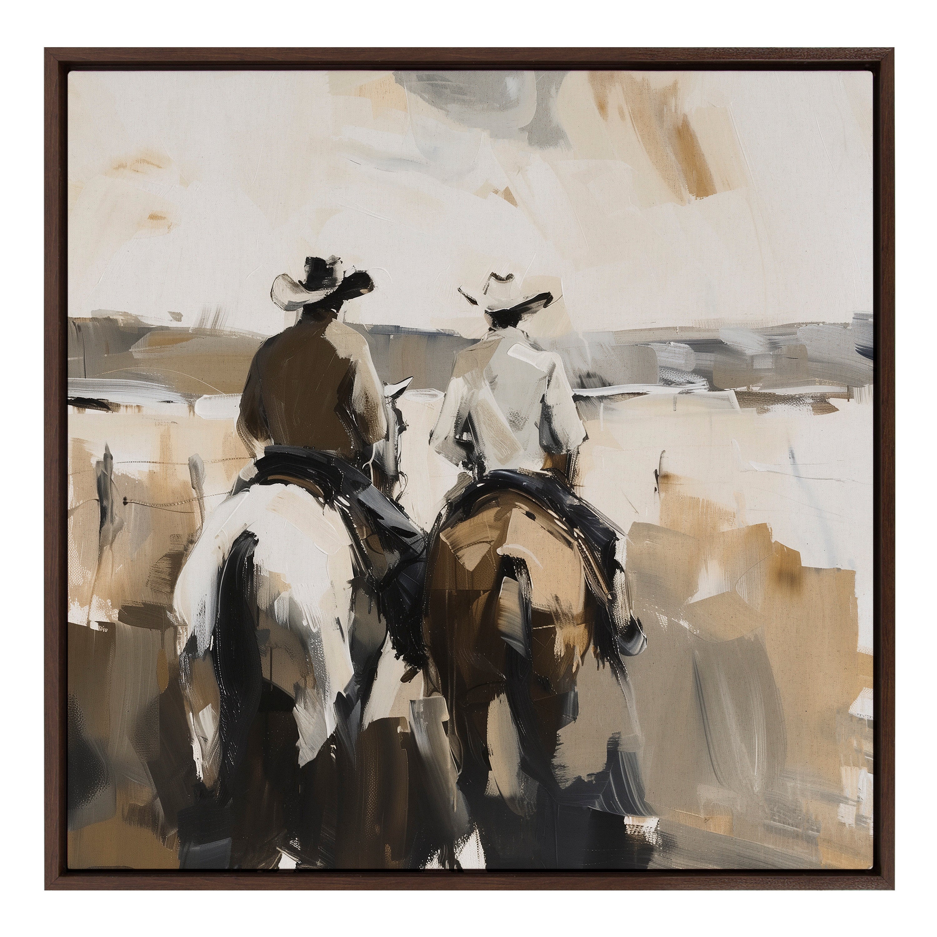 Sylvie Western Cowboy Horseback Ranch Abstract Neutral 1 Framed Canvas by The Creative Bunch Studio