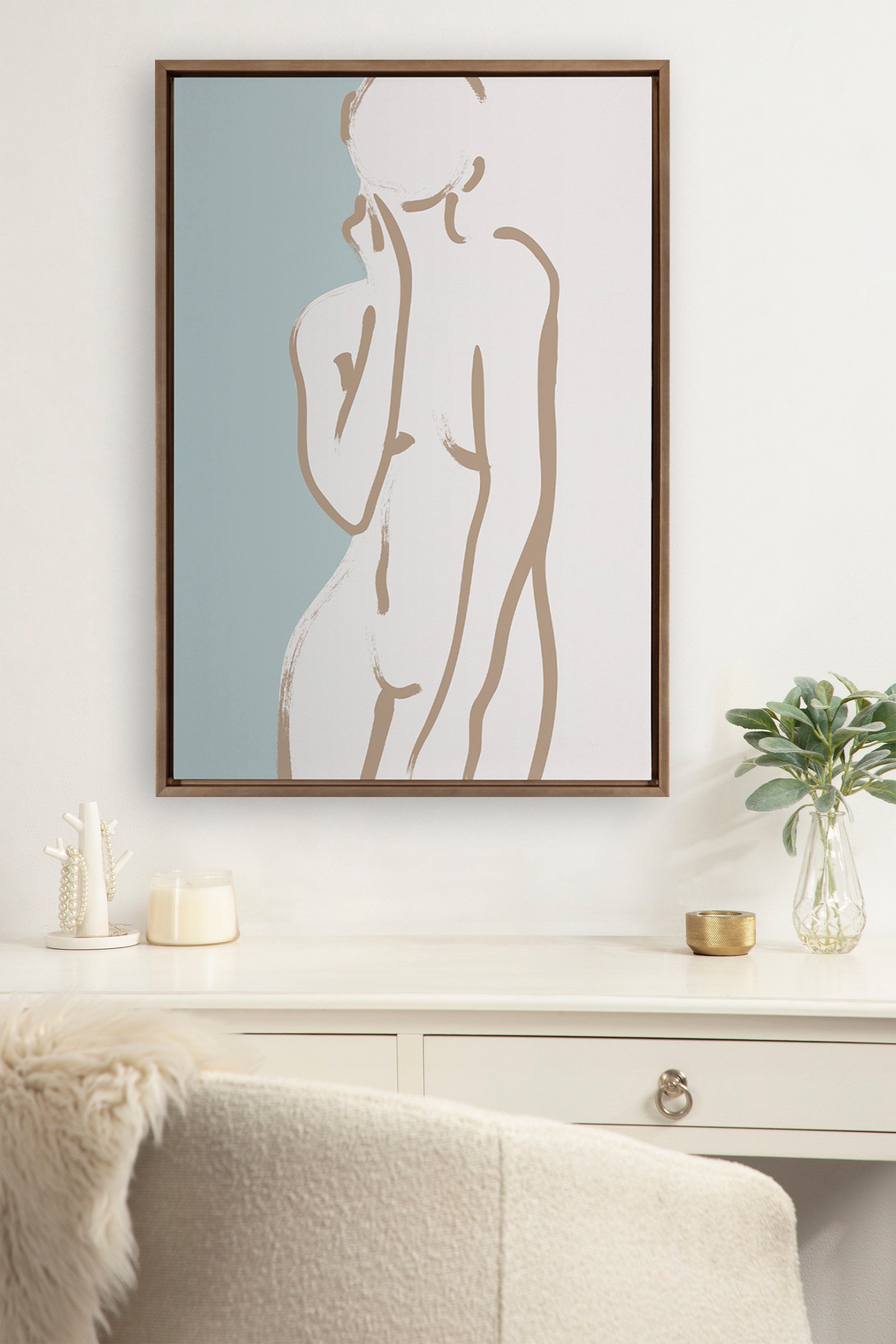 Sylvie Simple Romantic Line Art Drawing 2 Tan and Teal Framed Canvas by The Creative Bunch Studio