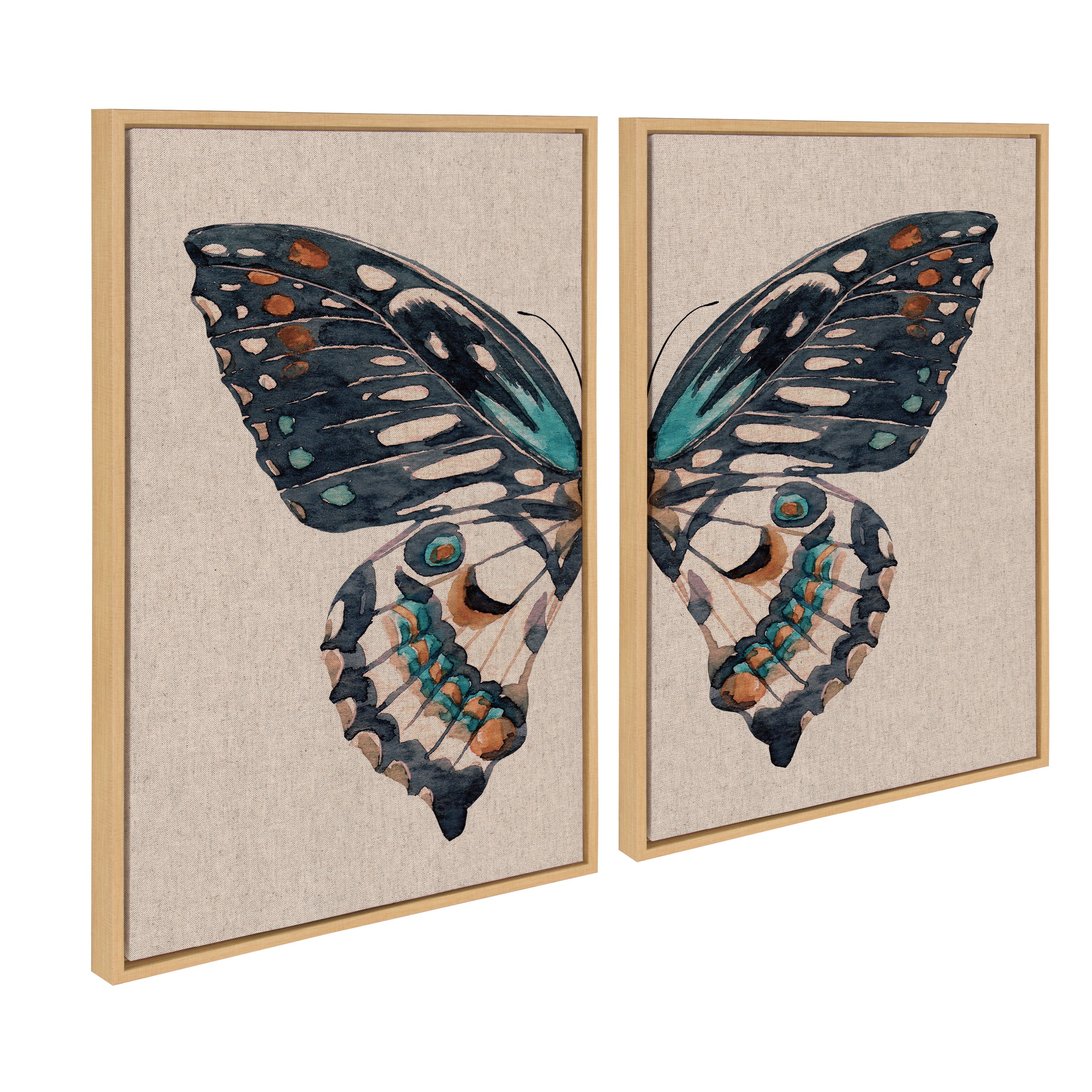 Sylvie Boho Butterfly Watercolor Diptych Neutral Linen Framed Canvas Art Set by The Creative Bunch Studio