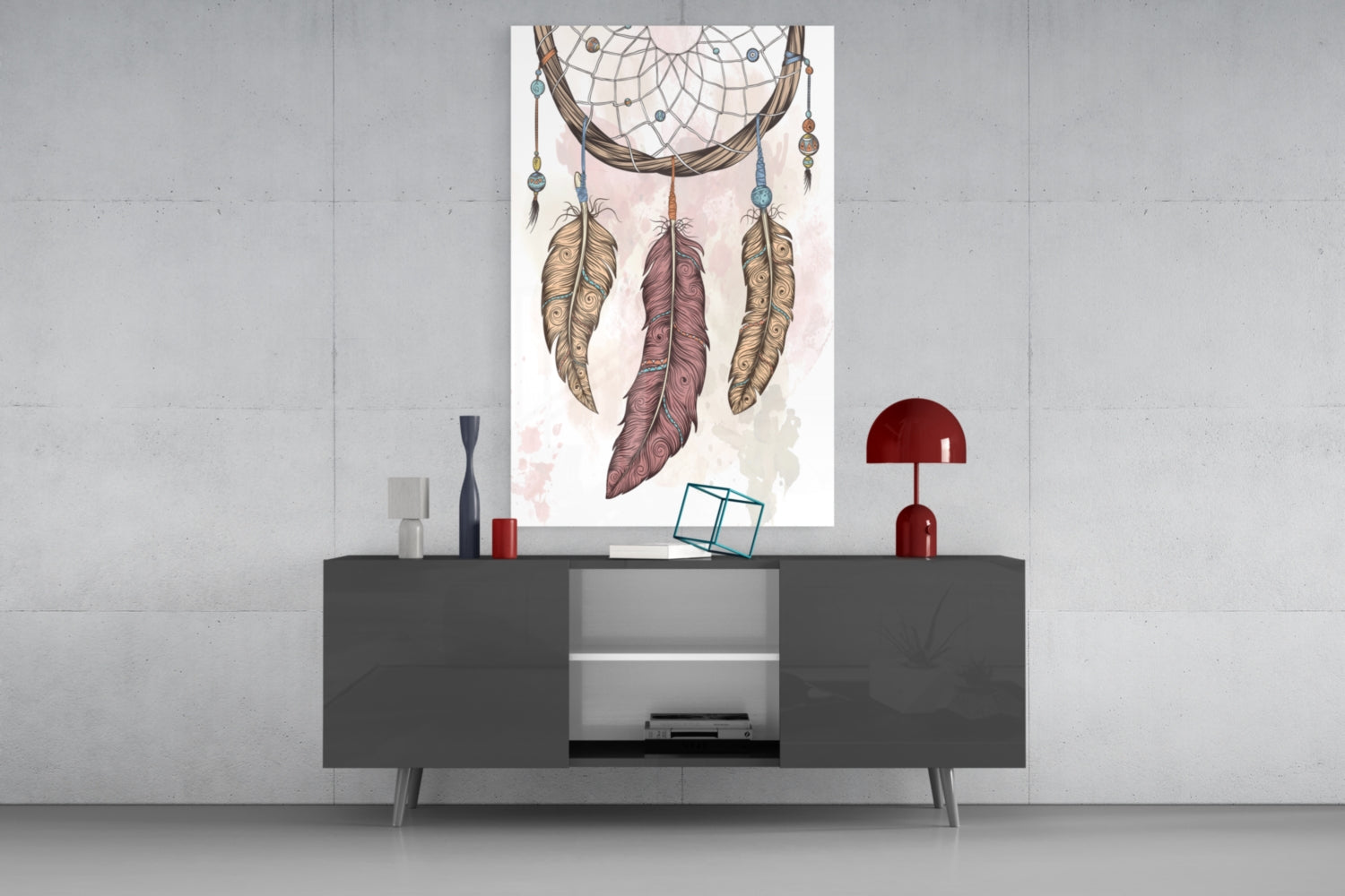 Three Feather Boho Dreamcatcher Glass Wall Art
