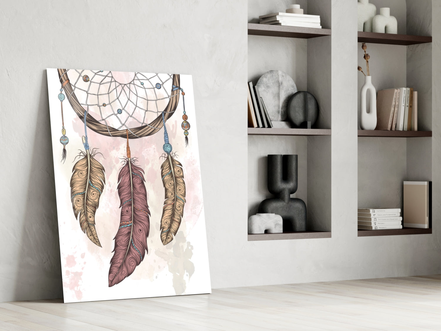 Three Feather Boho Dreamcatcher Glass Wall Art