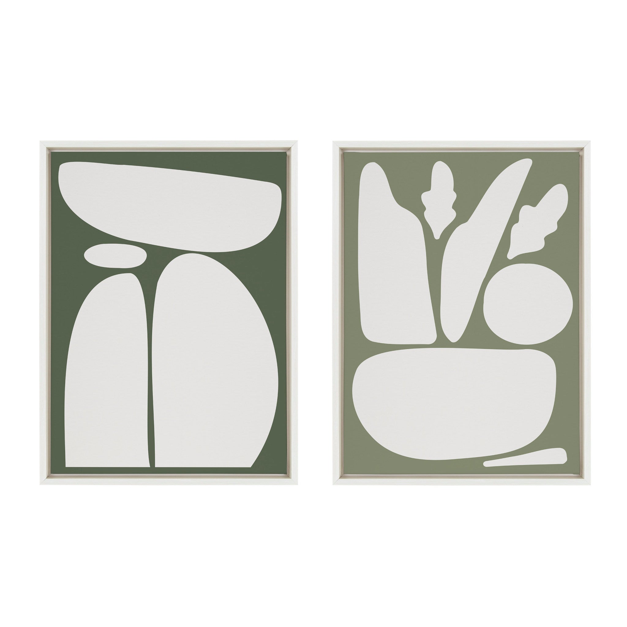 Sylvie Balancing Zen Rocks Dark Green and Zen Botanical Rock Sage Green Framed Canvas by The Creative Bunch Studio