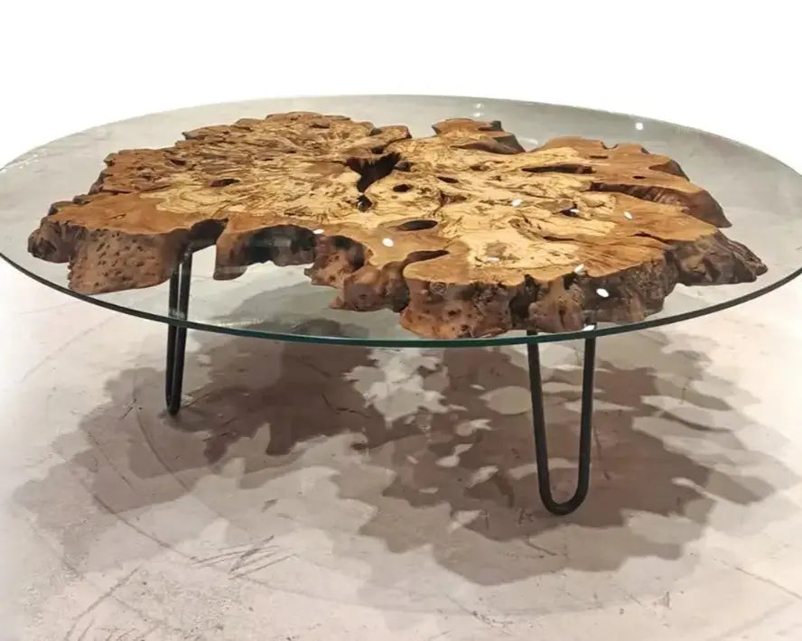 Olive Wood Rustic Coffee Table Featured Glass On Top