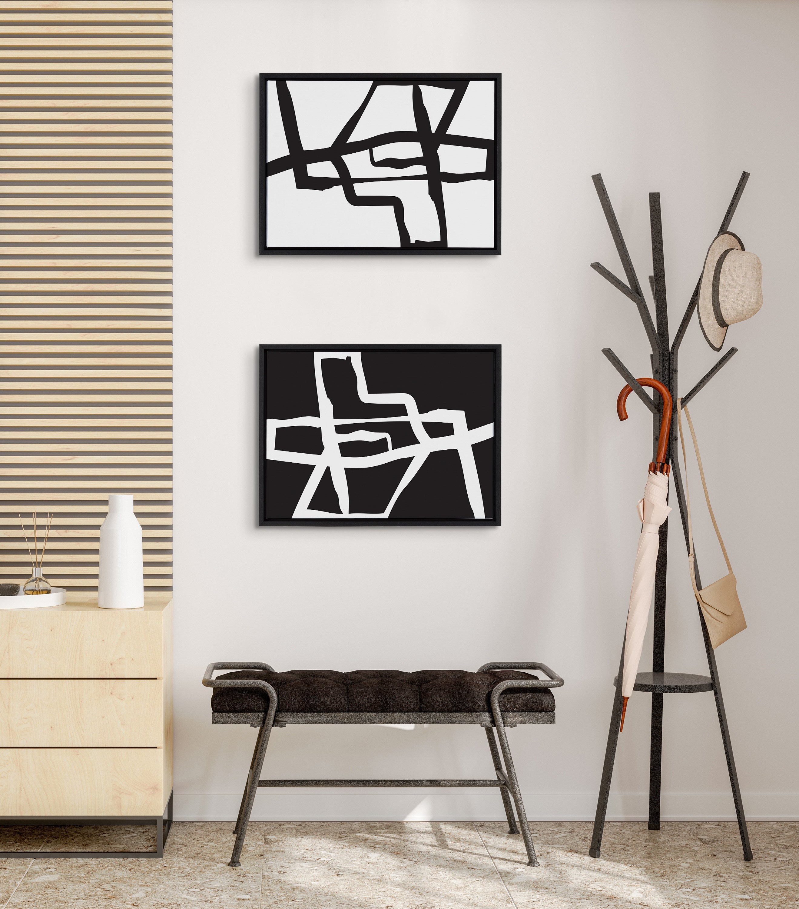 Sylvie Bold Sophisticated Abstract Black and White Stroke Framed Canvas Art Set by The Creative Bunch Studio