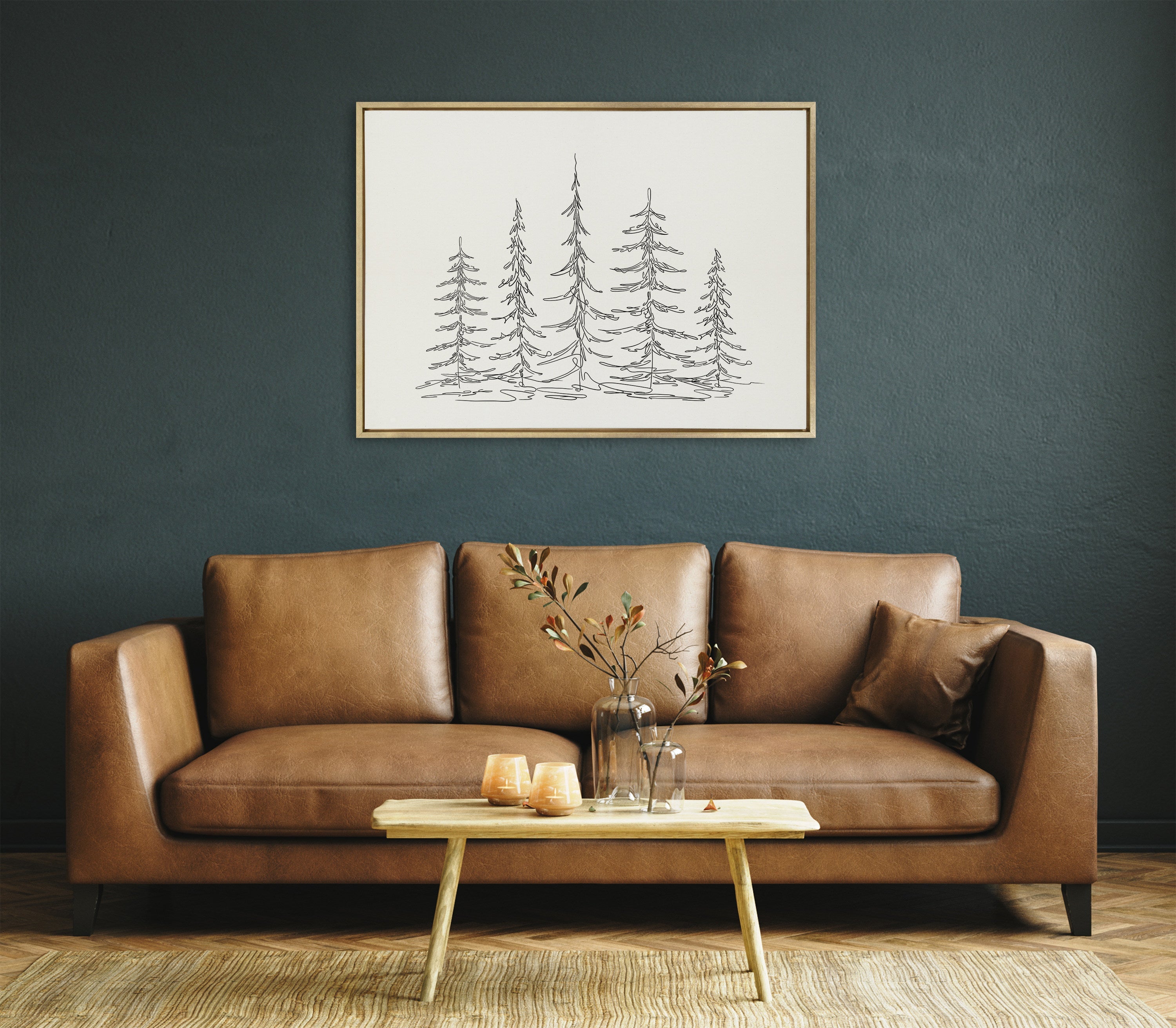 Sylvie Minimalist Evergreen Trees Sketch Framed Canvas by The Creative Bunch Studio