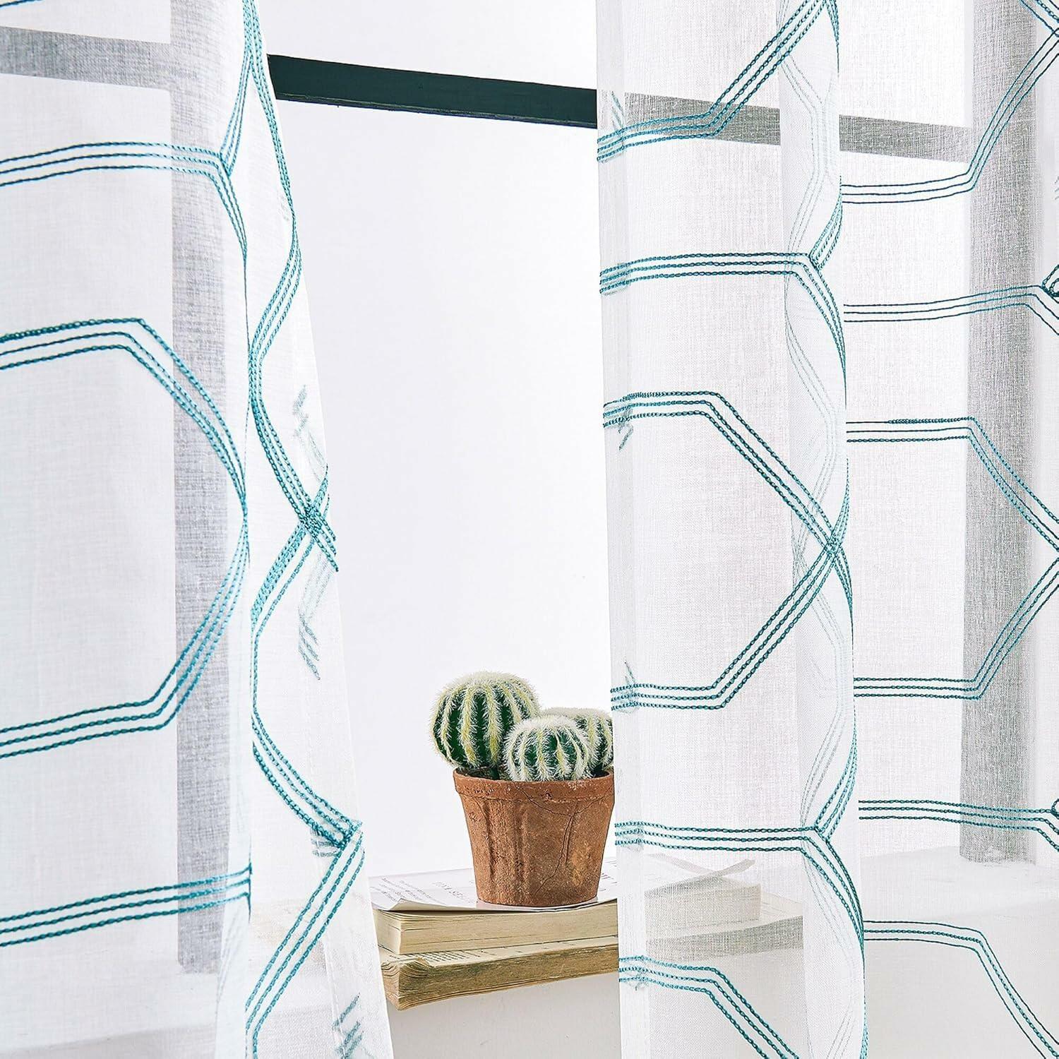 WANSOUL Blue Pattern Sheer Curtains 2 Panels 84in Teal Blue Moroccan Design