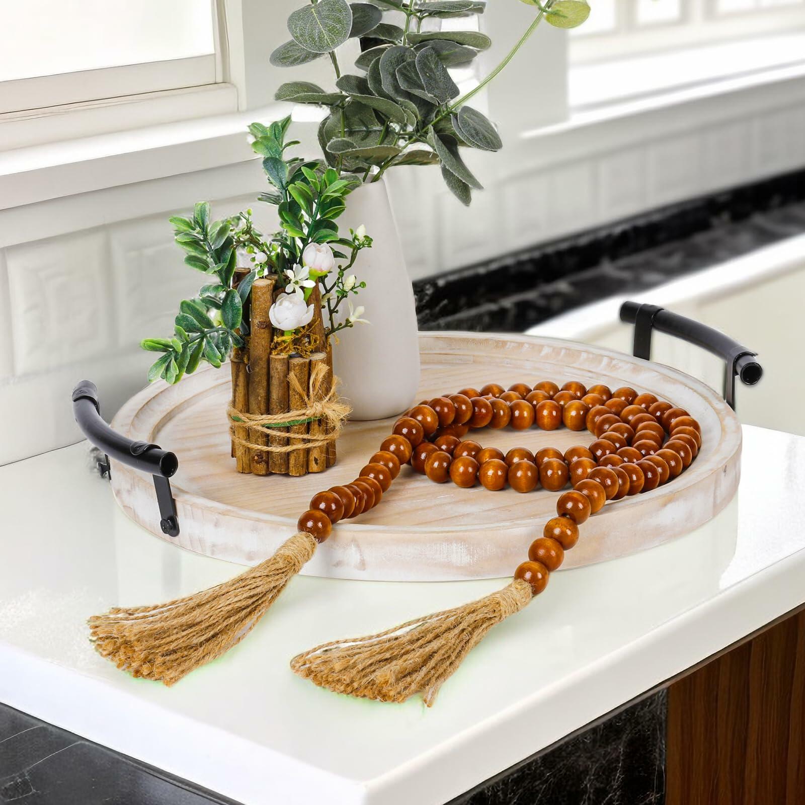 Round Wood Tray with Wood Bead Garland 13" Decorative Tray with Handles