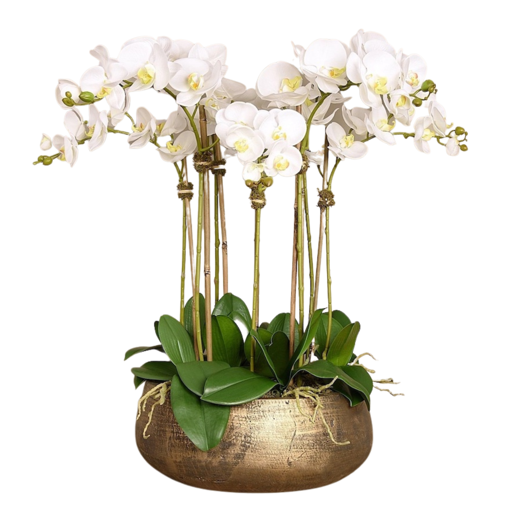 Faux white orchid arrangement in matte gold planter-2