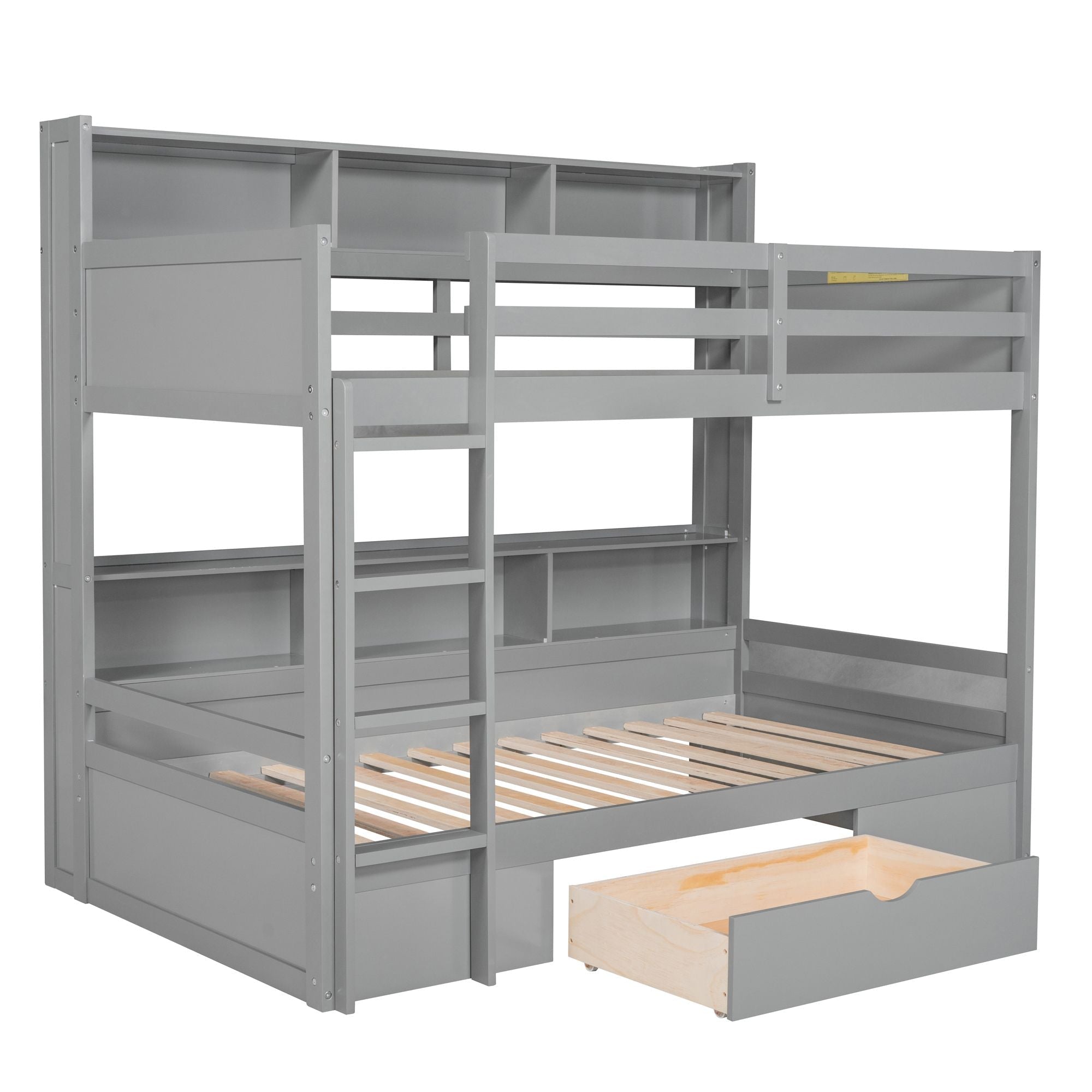 Organized Twin Over Twin Wood Bunk Bed with Built-In Shelves and Storage Drawer, White or Gray | Just Better Bunk Beds