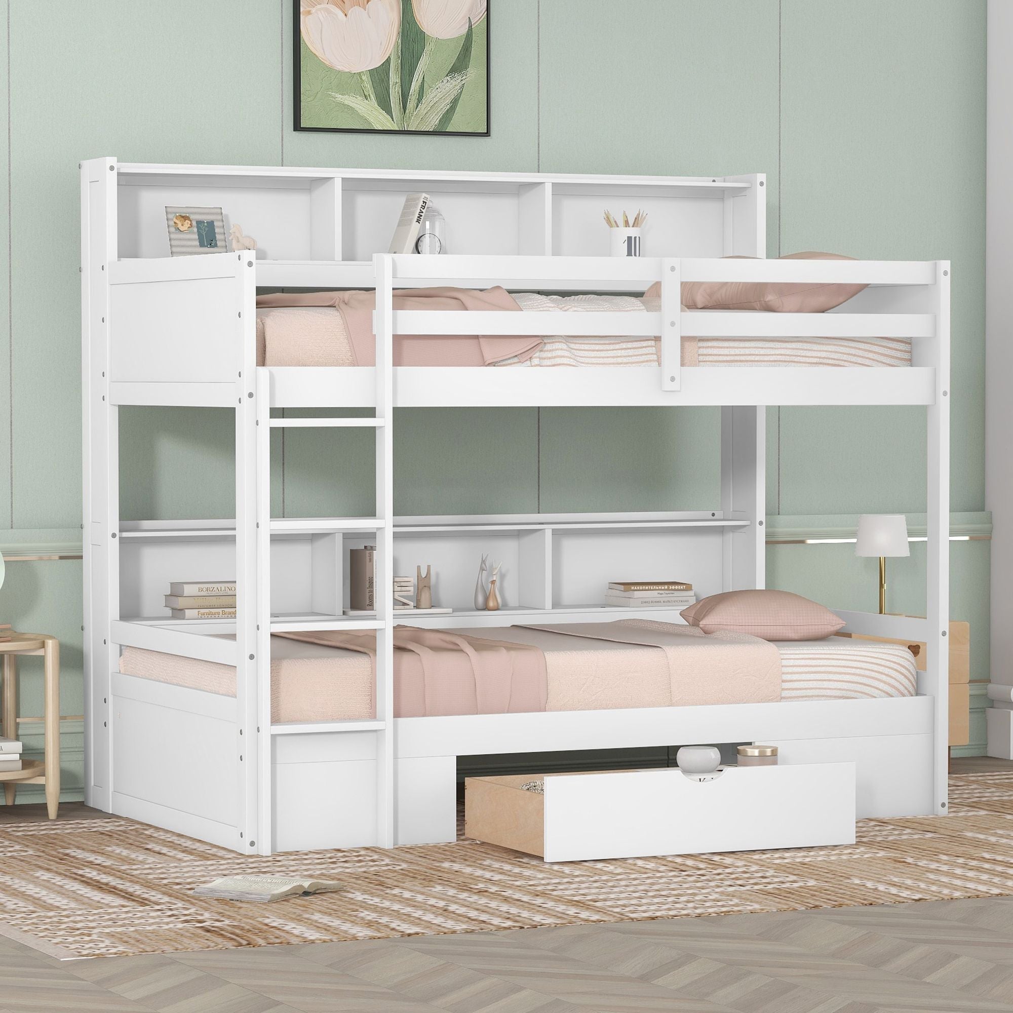 Organized Twin Over Twin Wood Bunk Bed with Built-In Shelves and Storage Drawer, White or Gray | Just Better Bunk Beds