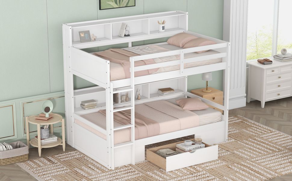 Organized Twin Over Twin Wood Bunk Bed with Built-In Shelves and Storage Drawer, White or Gray | Just Better Bunk Beds