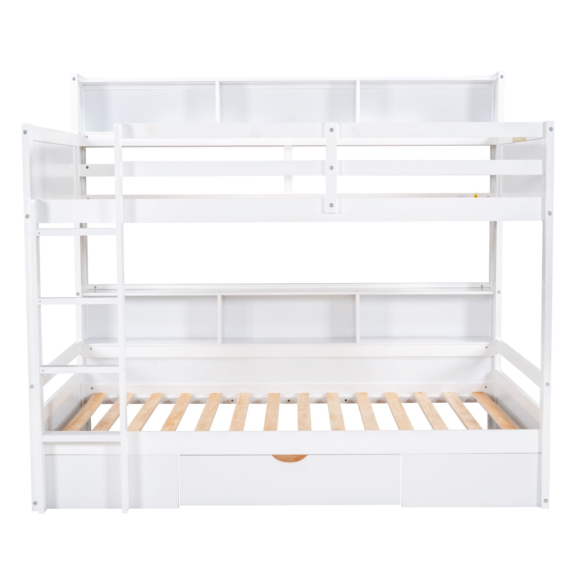 Organized Twin Over Twin Wood Bunk Bed with Built-In Shelves and Storage Drawer, White or Gray | Just Better Bunk Beds