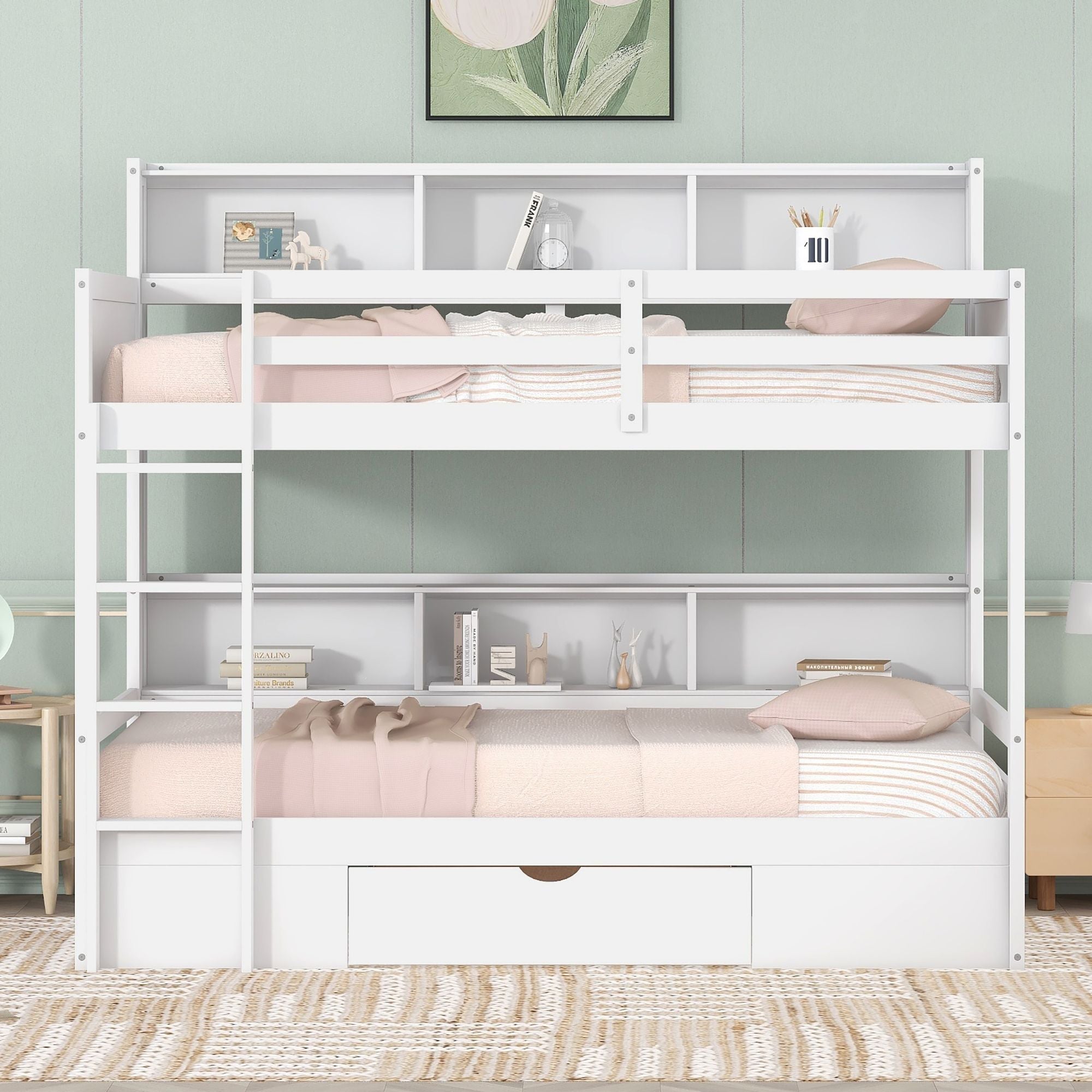 Organized Twin Over Twin Wood Bunk Bed with Built-In Shelves and Storage Drawer, White or Gray | Just Better Bunk Beds