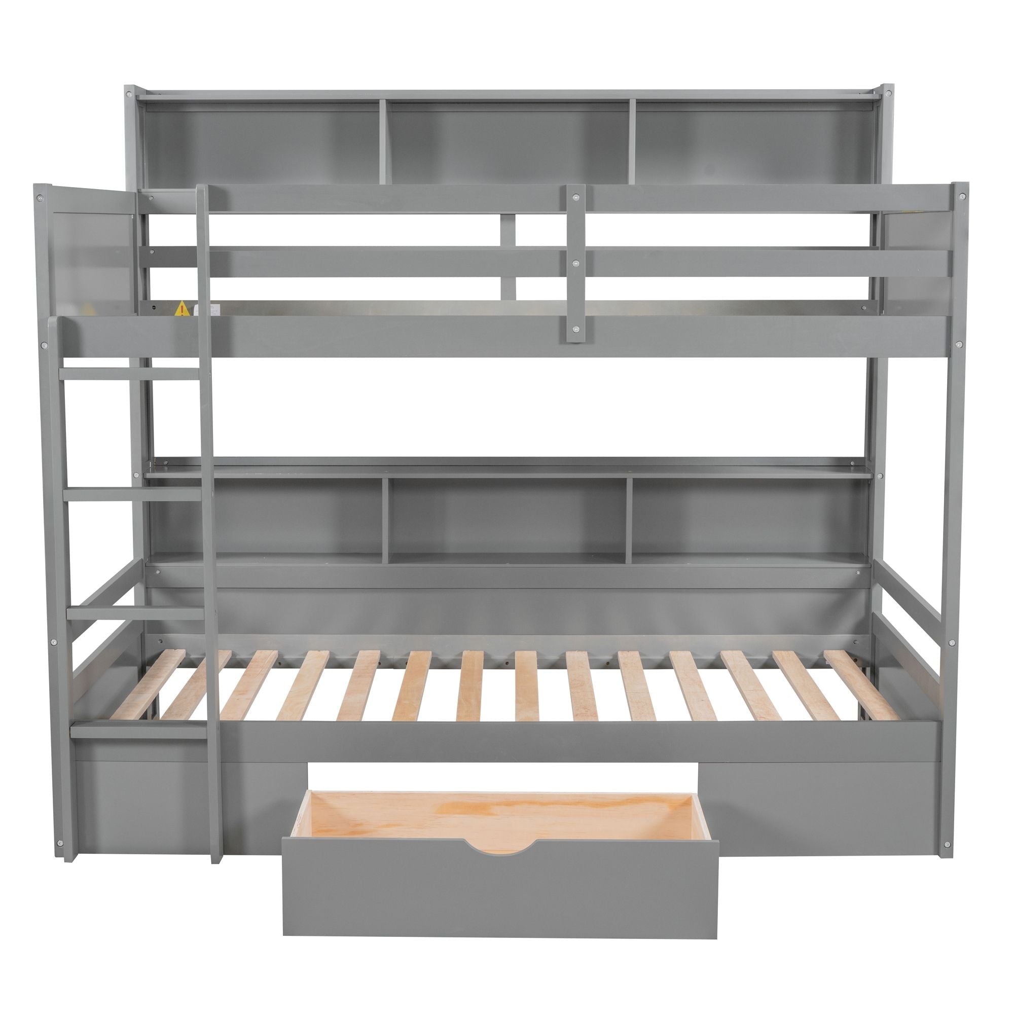 Organized Twin Over Twin Wood Bunk Bed with Built-In Shelves and Storage Drawer, White or Gray | Just Better Bunk Beds