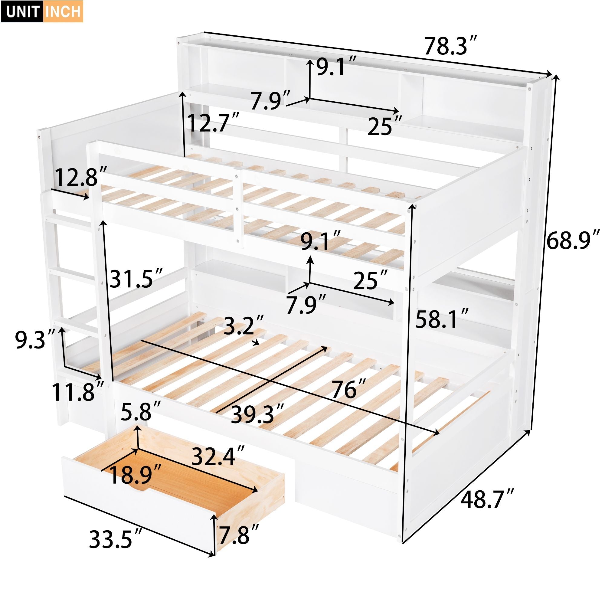 Organized Twin Over Twin Wood Bunk Bed with Built-In Shelves and Storage Drawer, White or Gray | Just Better Bunk Beds