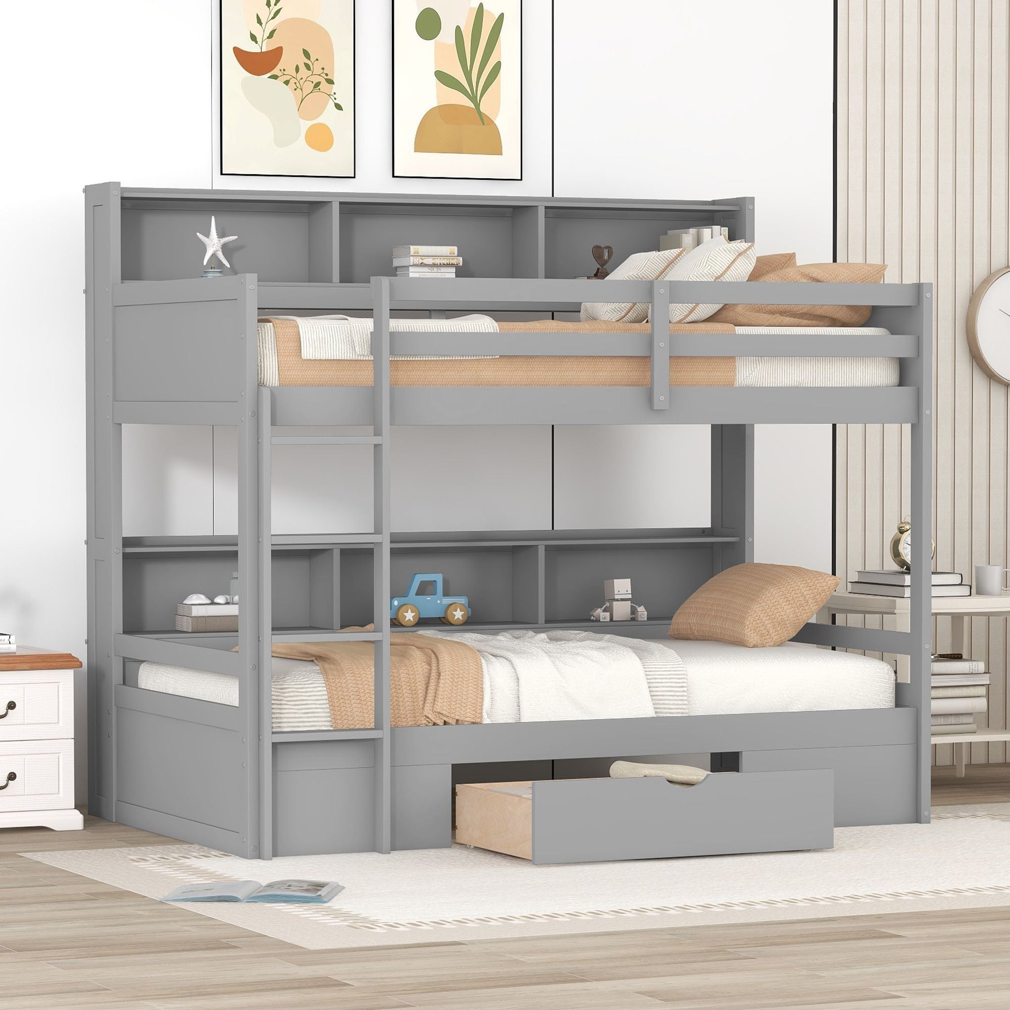 Organized Twin Over Twin Wood Bunk Bed with Built-In Shelves and Storage Drawer, White or Gray | Just Better Bunk Beds