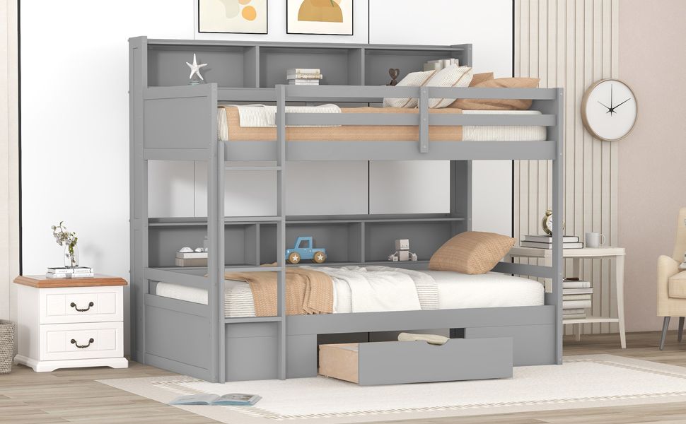 Organized Twin Over Twin Wood Bunk Bed with Built-In Shelves and Storage Drawer, White or Gray | Just Better Bunk Beds