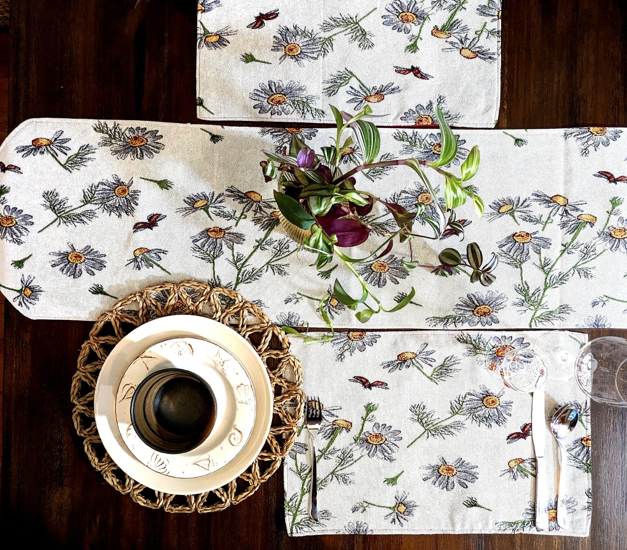 Tache Floral Yellow Daisies Ladybugs Ivory Woven Tapestry Table Runner (18114)