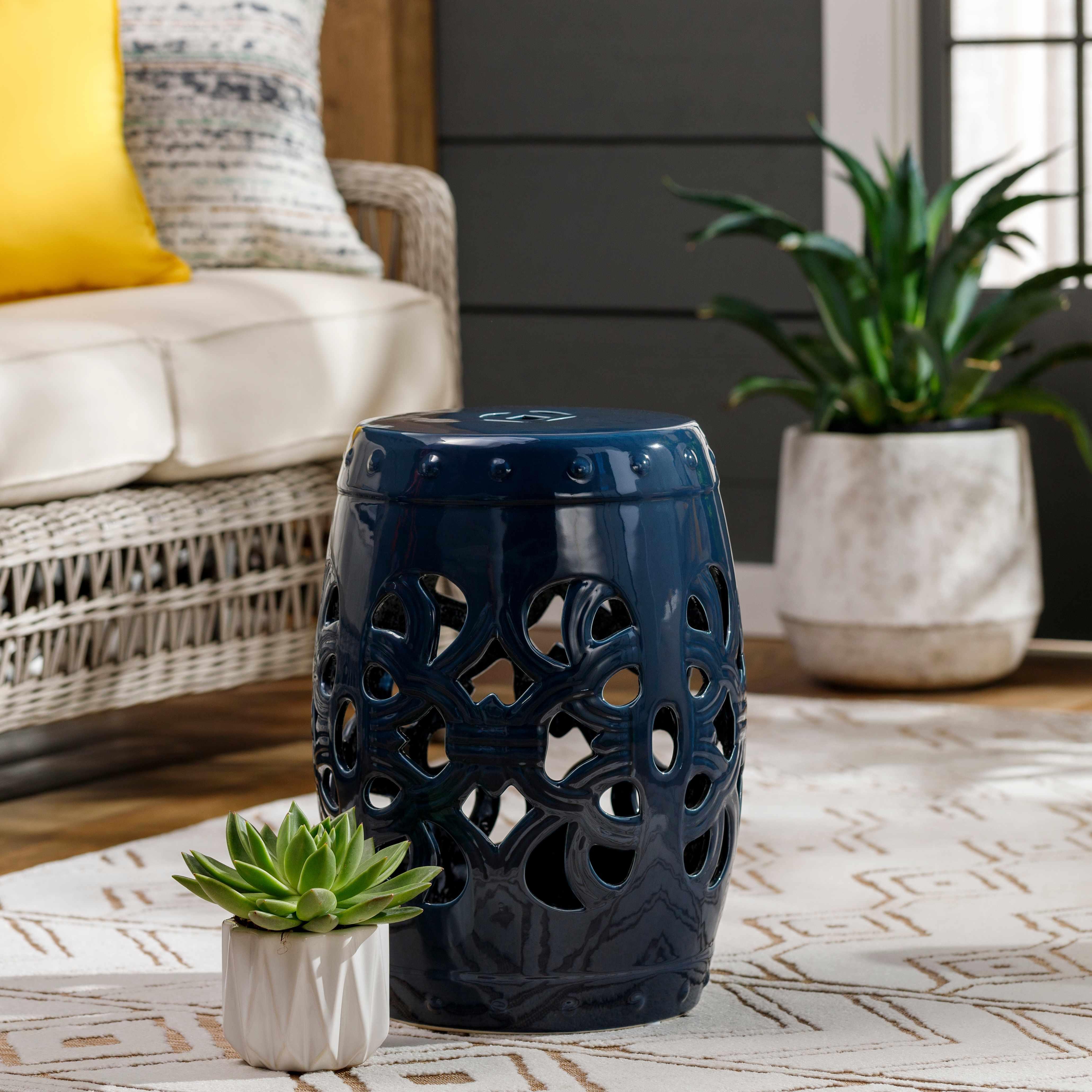 Teal Blue Lattice Ceramic Stool - PRHOMZ