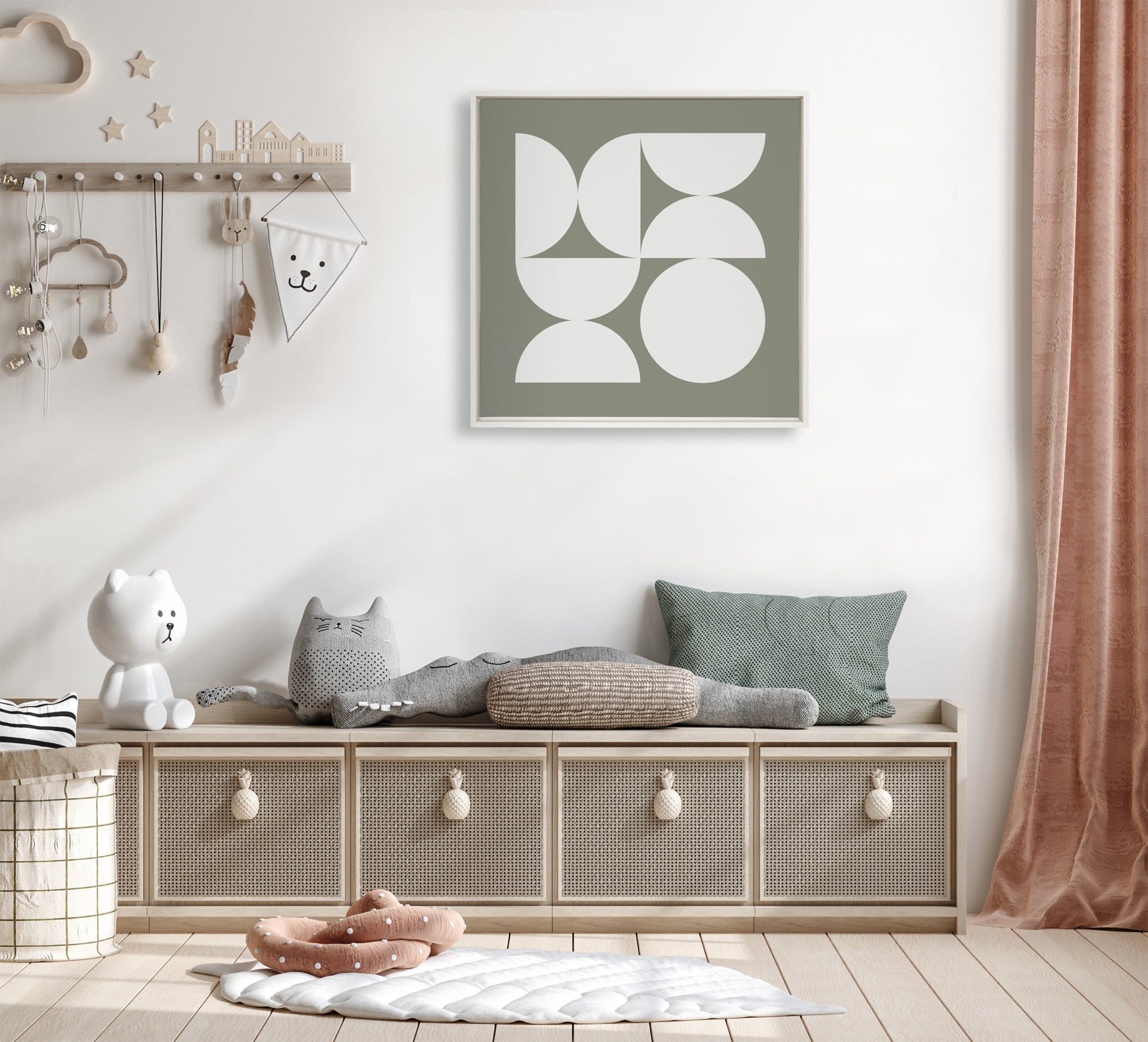 Sylvie Bold Vintage Geometric Soft White on Sage Green Framed Canvas by The Creative Bunch Studio