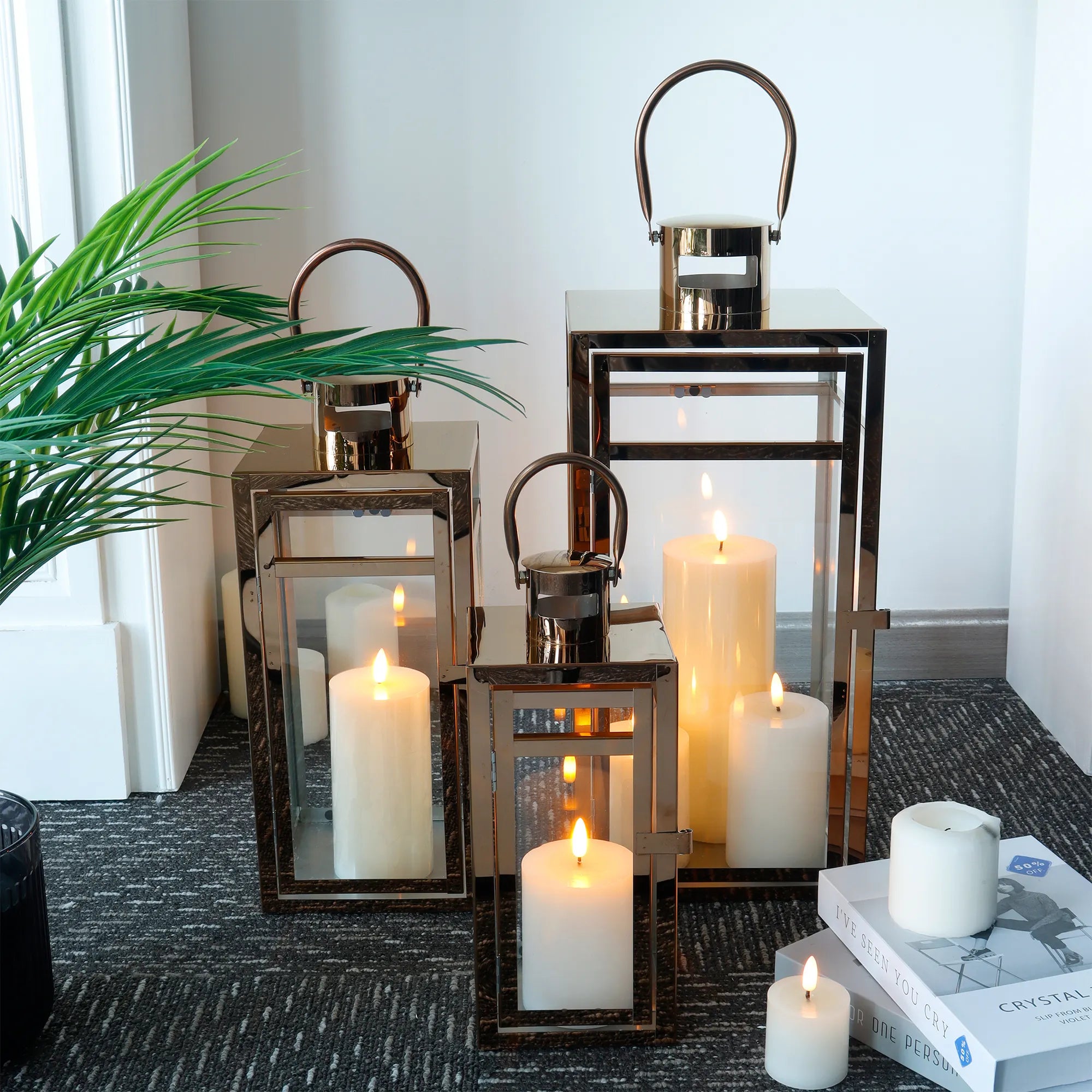 Set of 3 Stainless Steel Lantern (12/15/19'') -Rose Gold