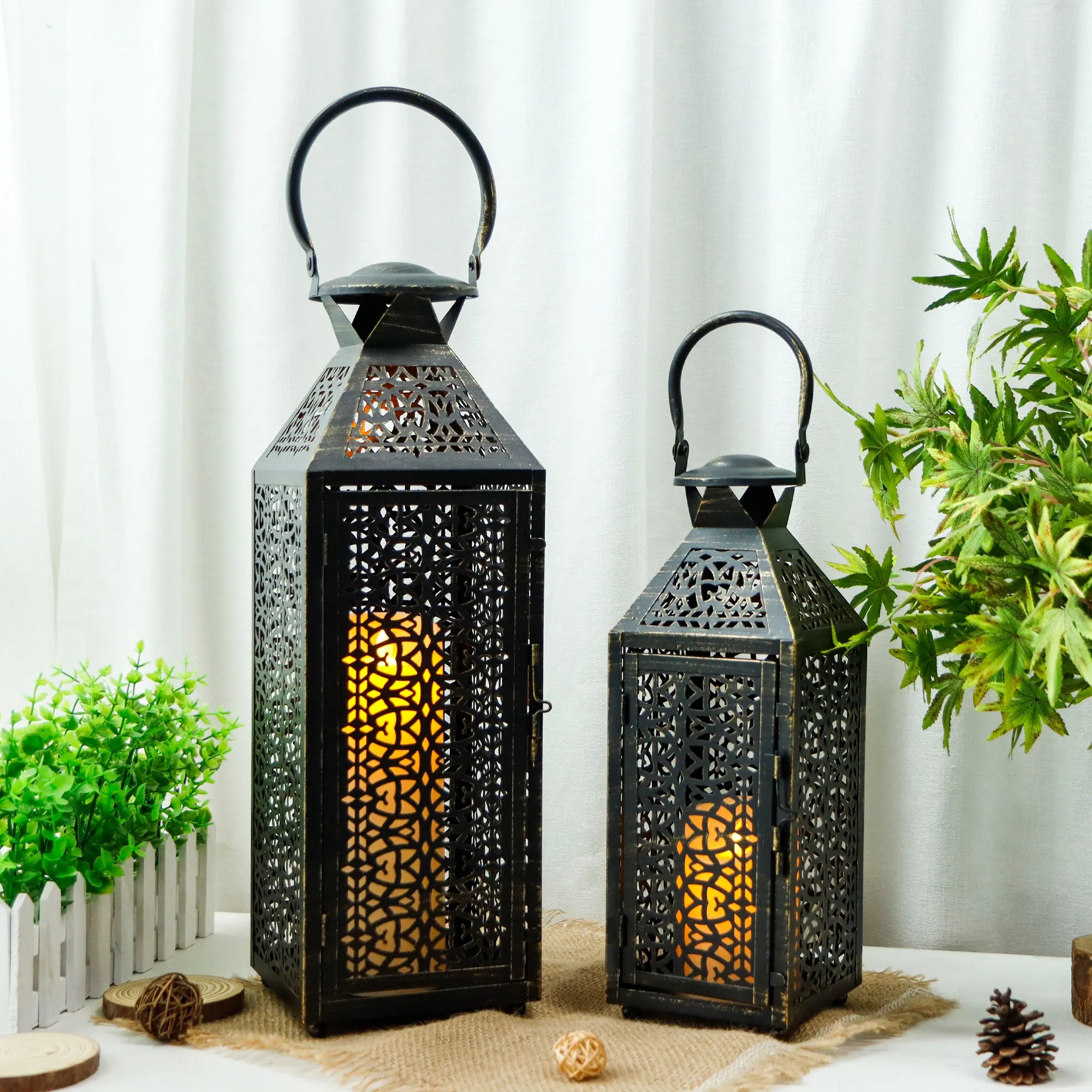 19"&14''H Moroccan Decorative Metal Candle Holders with Hollow Pattern-0