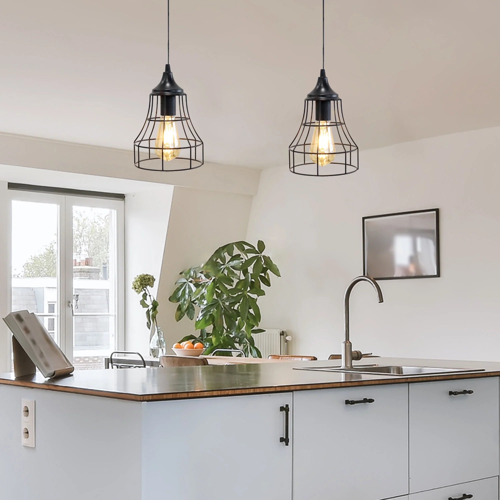 Set of 2 Metal Cage Hanging Lamps-0