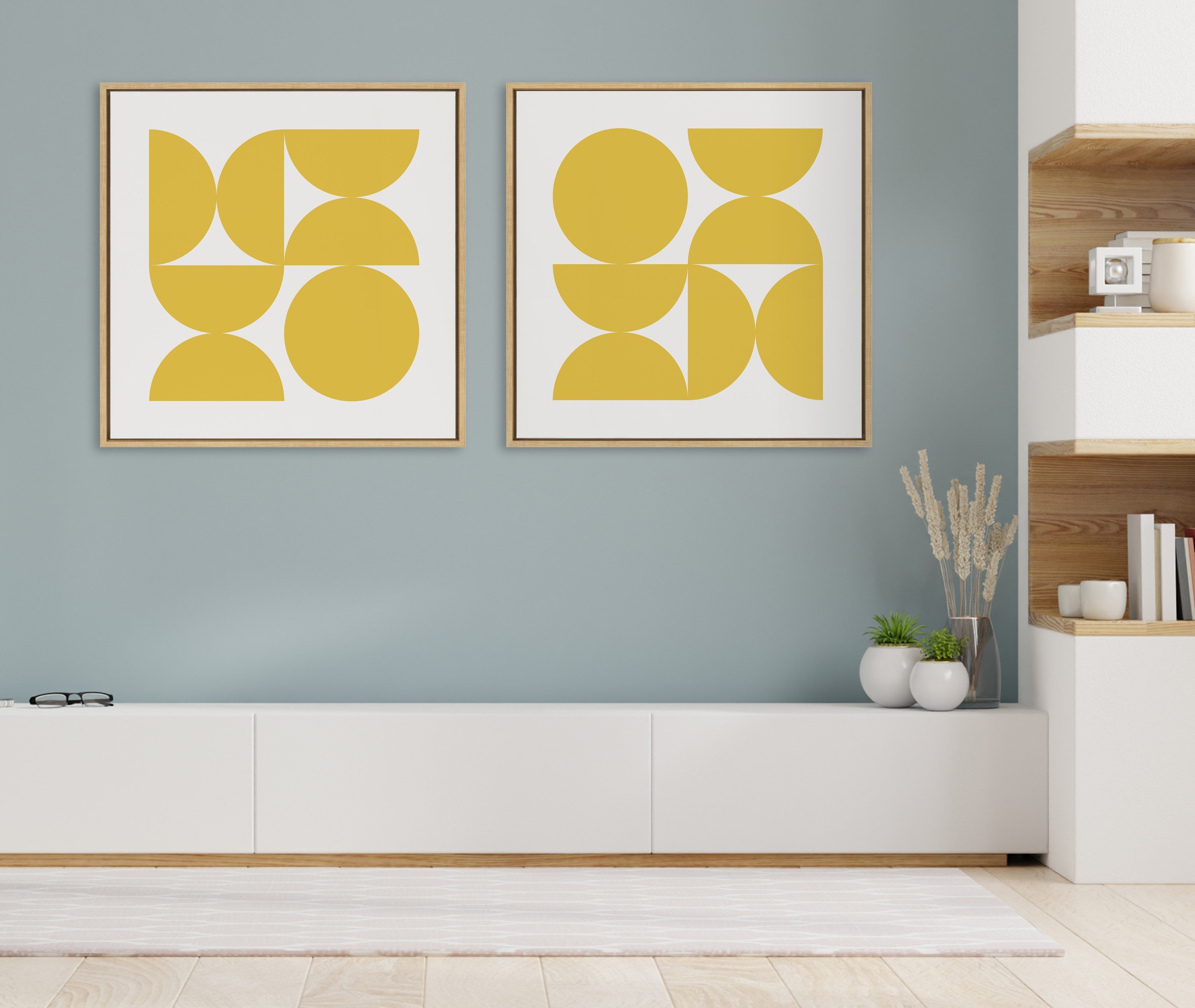 Sylvie Bold Vintage Geometric Sunshine Yellow Framed Canvas by The Creative Bunch Studio